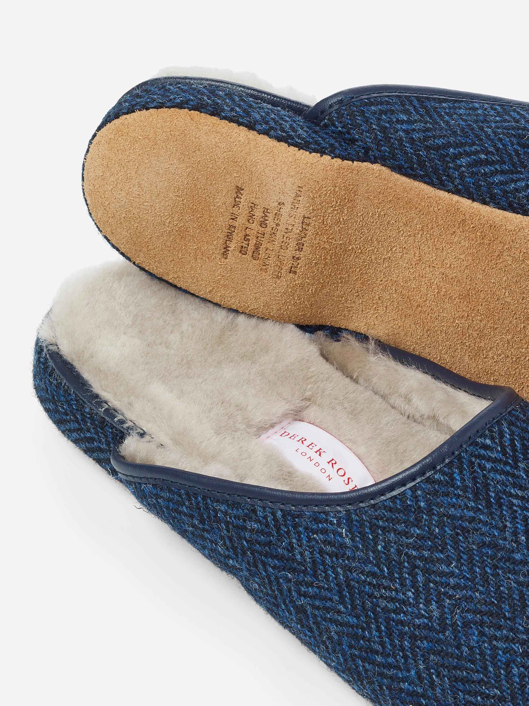 Men's Mule Slippers Douglas 2 Harris Tweed Sheepskin Navy