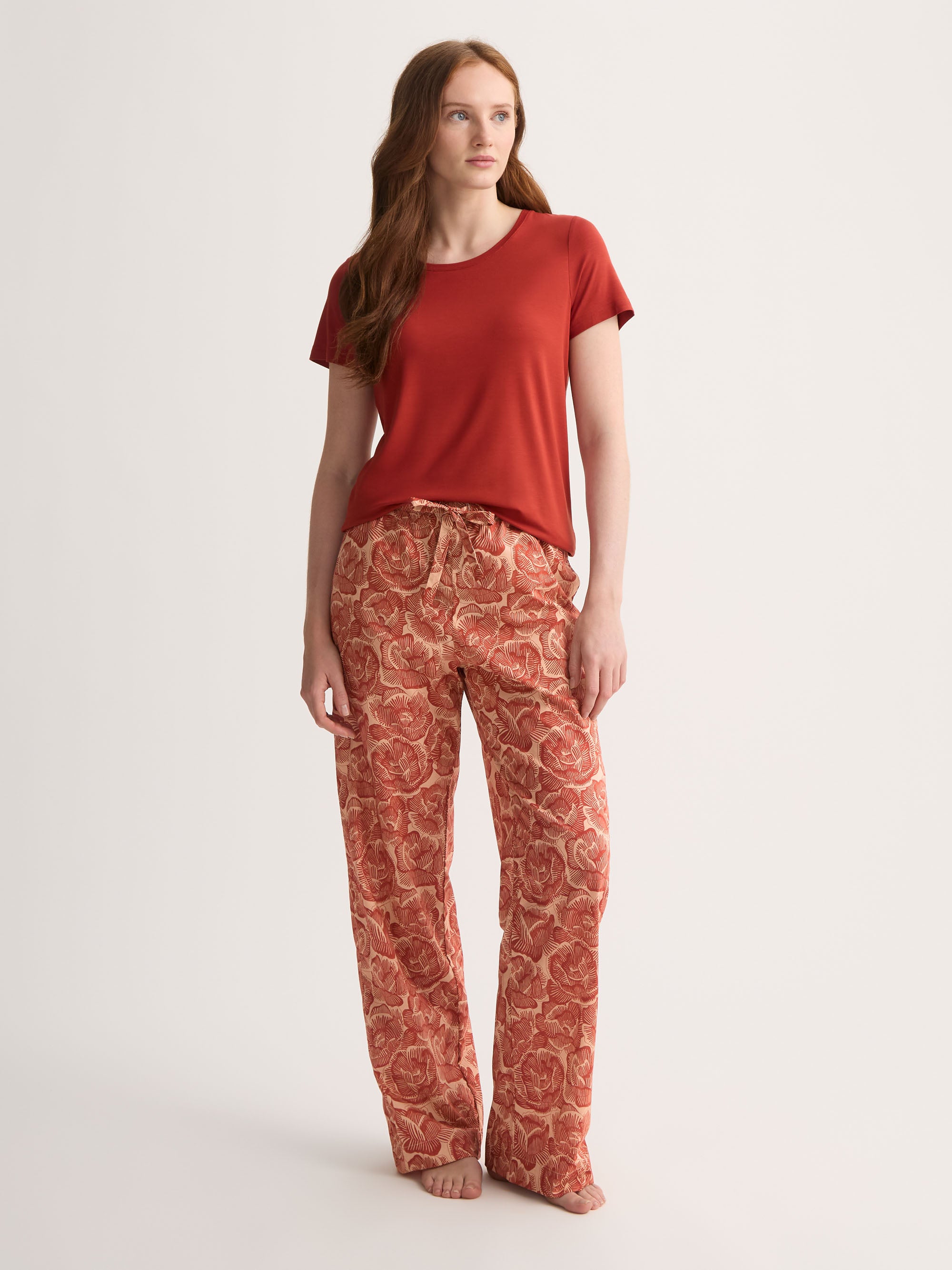 Women's Lounge Trousers Cotton Batiste Rustic Red & Peach Rose Print