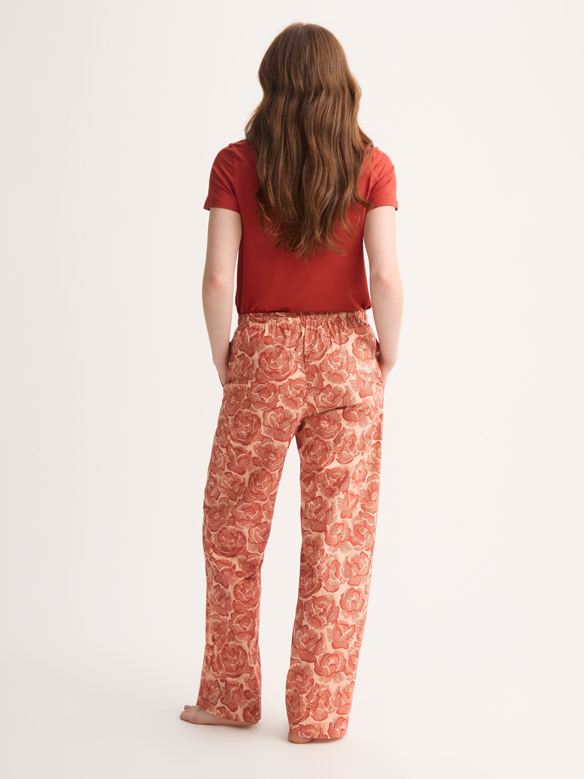 Women's Lounge Trousers Cotton Batiste Rustic Red & Peach Rose Print