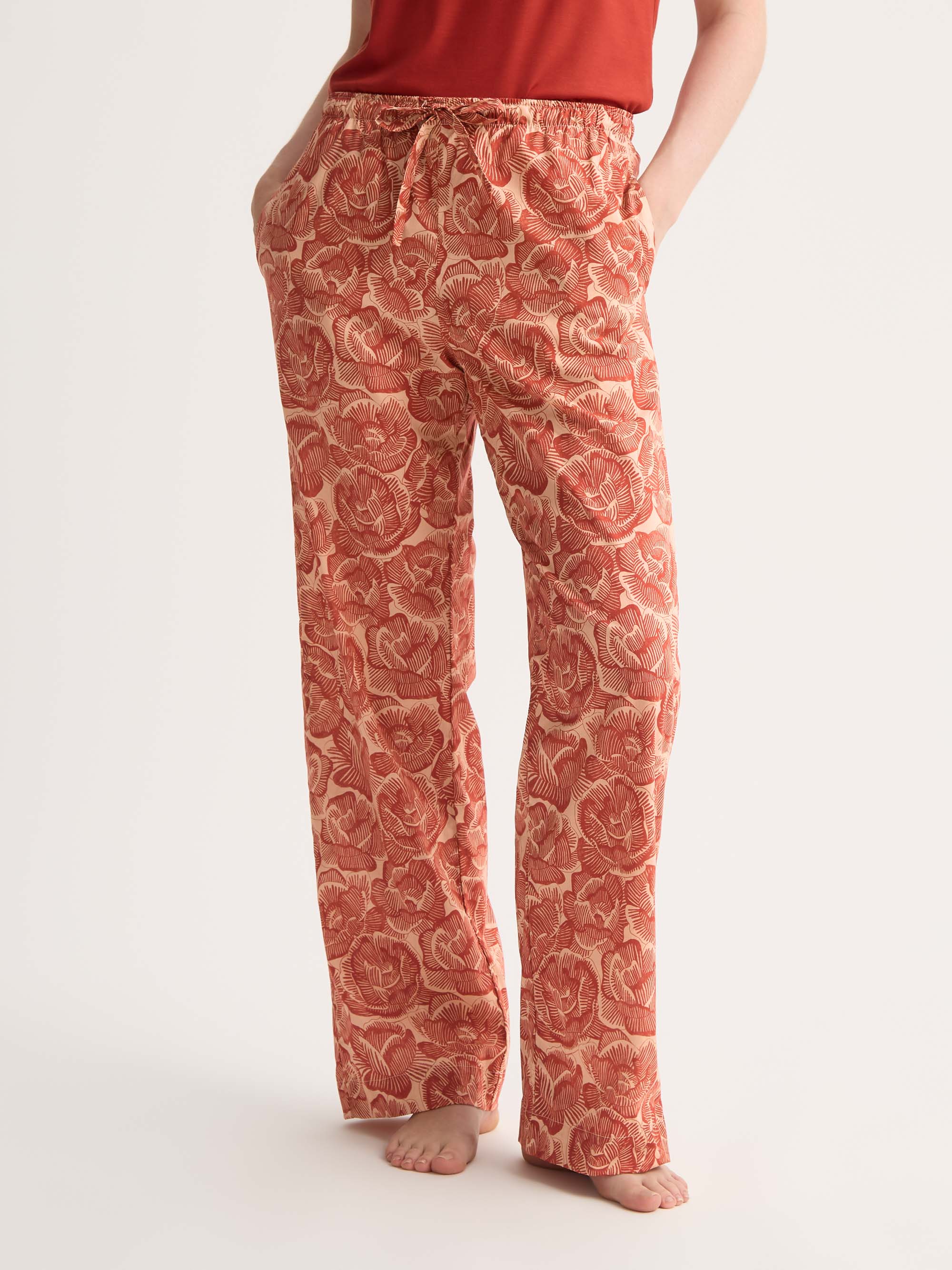 Women's Lounge Trousers Cotton Batiste Rustic Red & Peach Rose Print