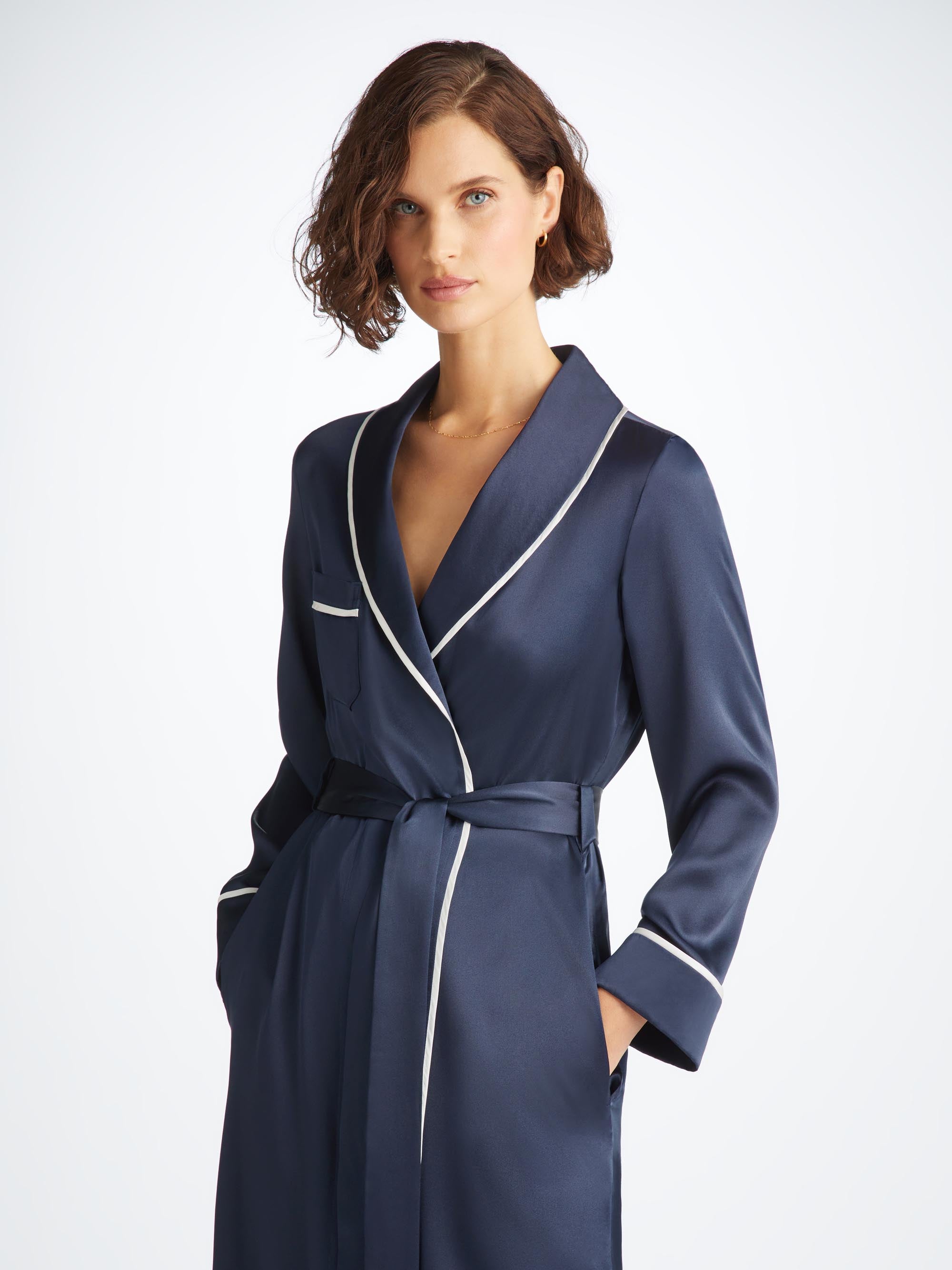 Women's Long Dressing Gown Bailey Silk Satin Navy