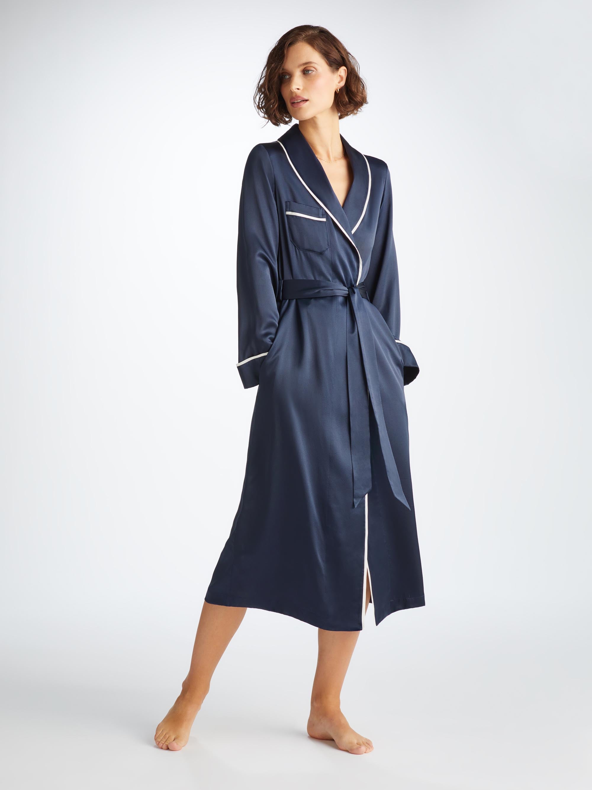 Women's Long Dressing Gown Bailey Silk Satin Navy