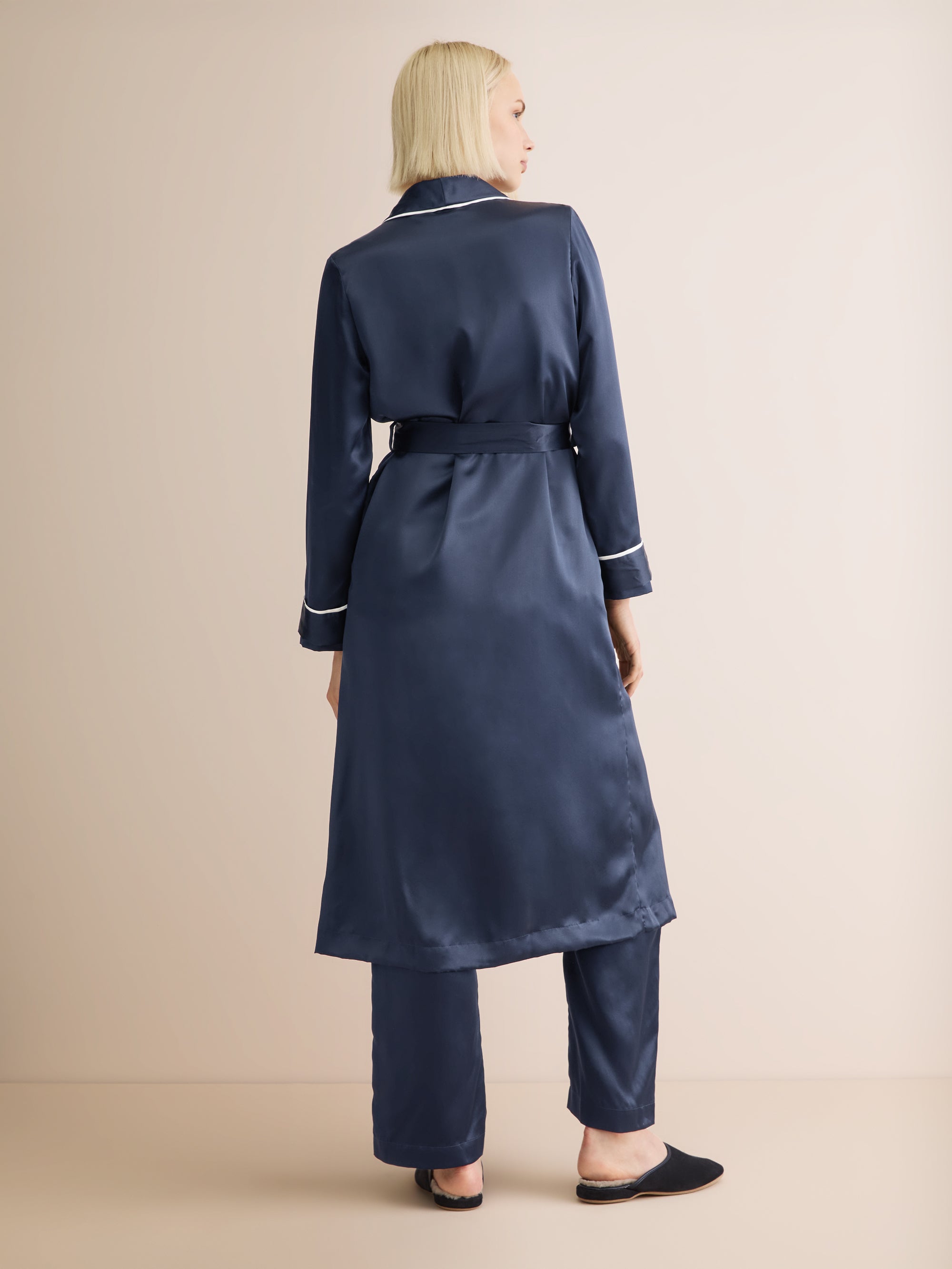 Women's Long Dressing Gown Bailey Silk Satin Navy