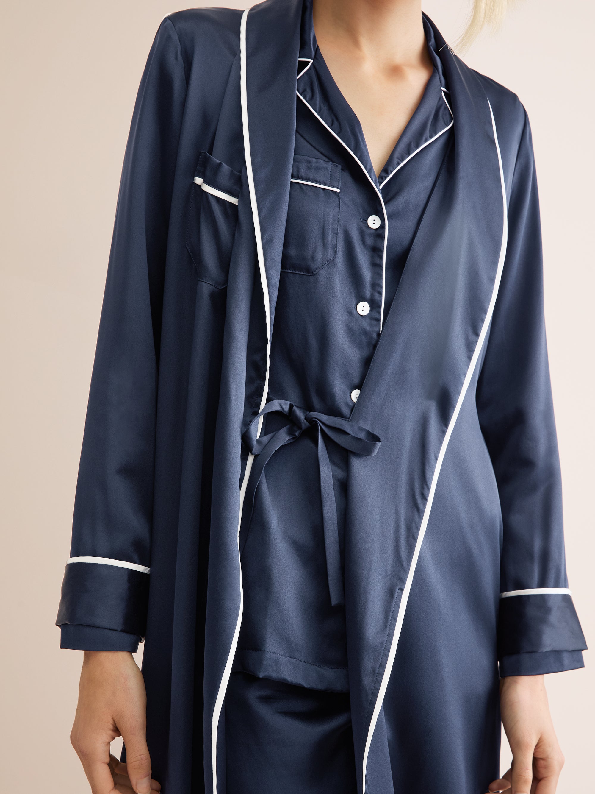 Women's Long Dressing Gown Bailey Silk Satin Navy