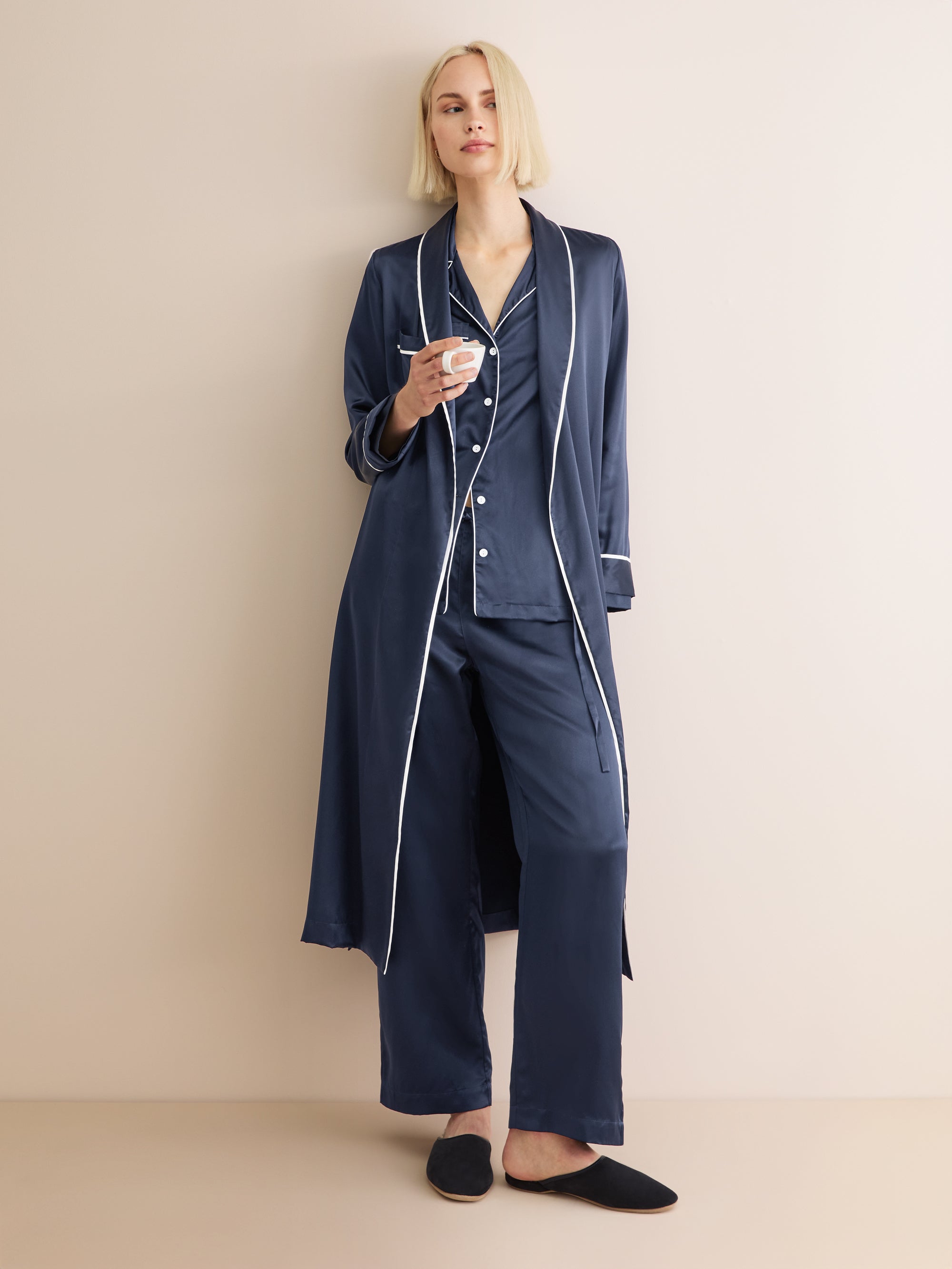 Women's Long Dressing Gown Bailey Silk Satin Navy