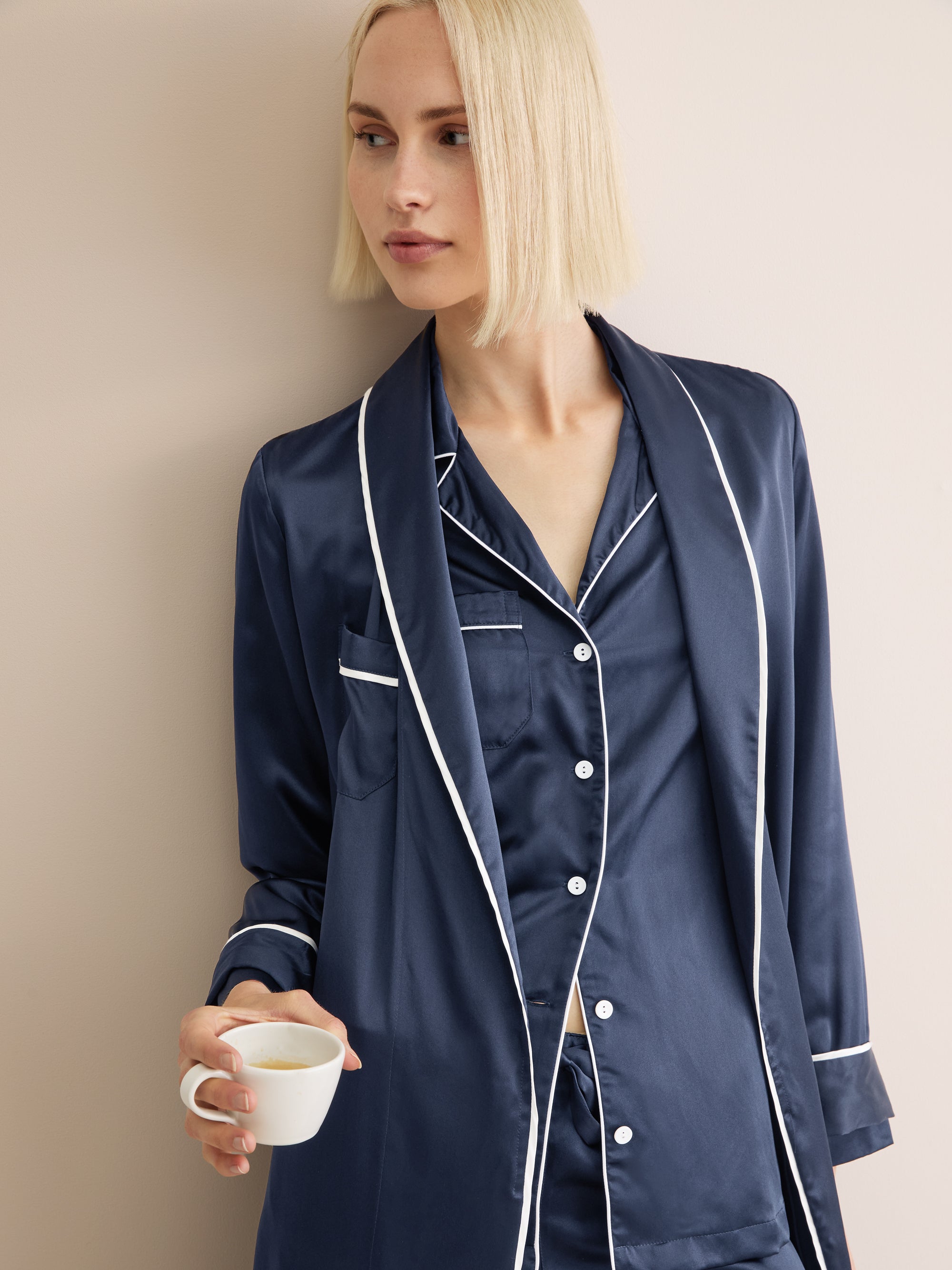 Women's Long Dressing Gown Bailey Silk Satin Navy