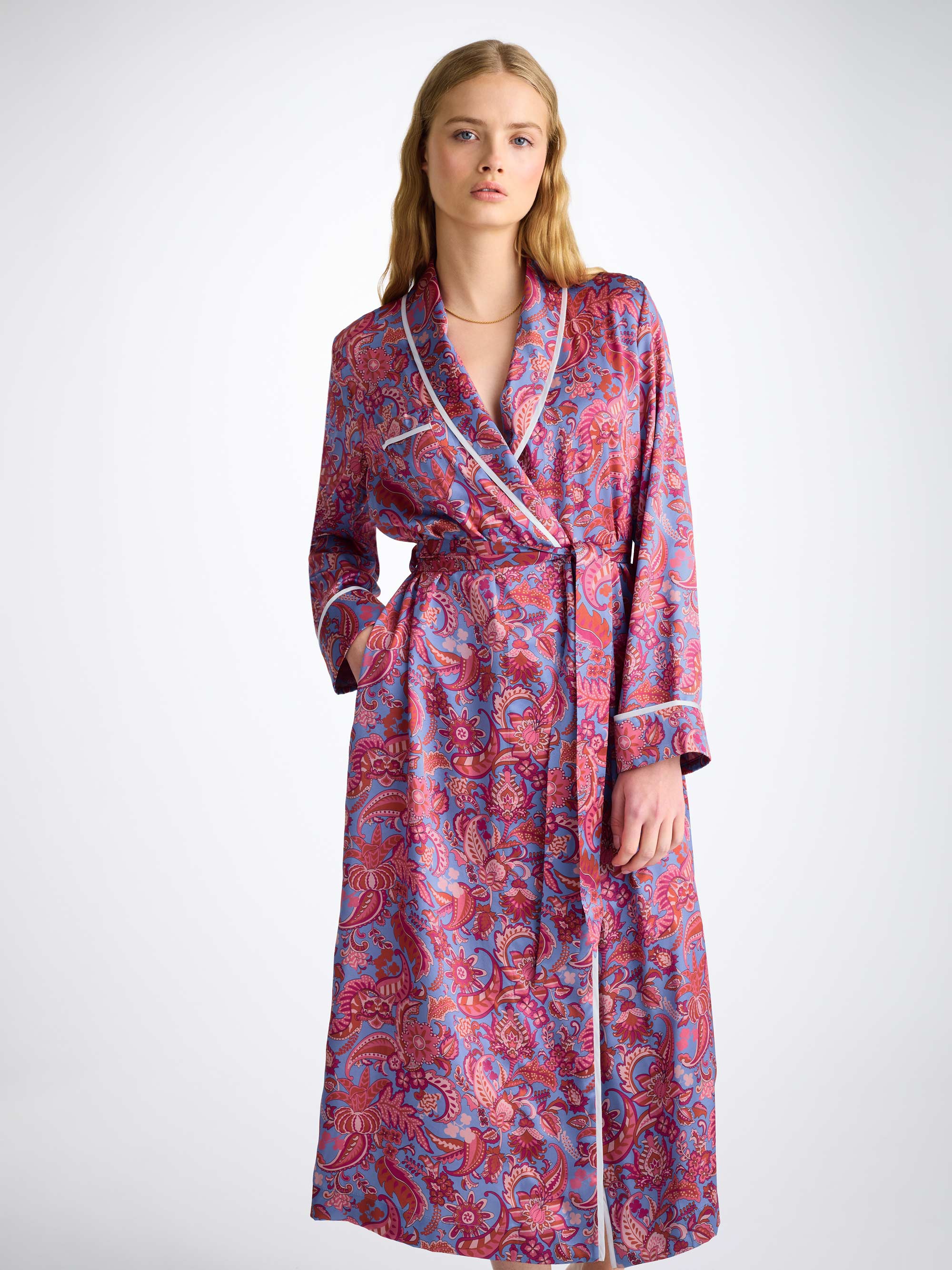 Women's Long Dressing Gown Silk Satin Amethyst Jungle Paisley Pattern