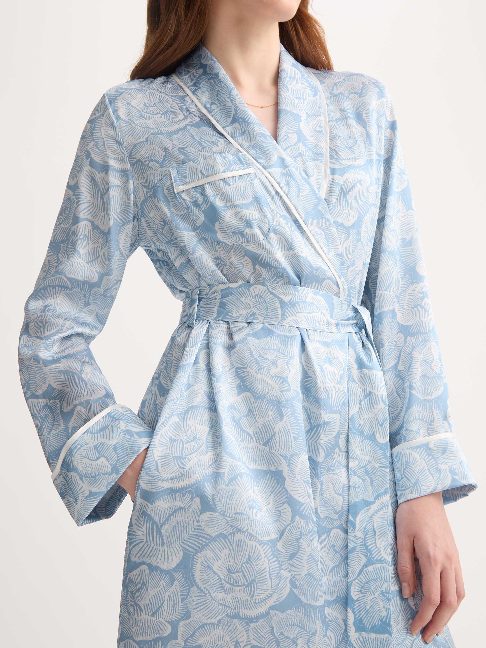 Women's Long Silk Dressing Gown Light Blue & White Rose Print