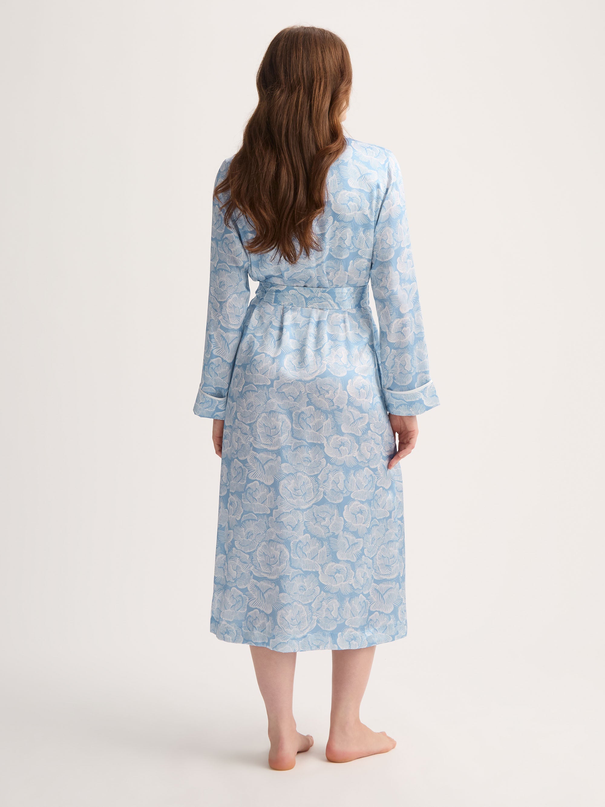 Women's Long Silk Dressing Gown Light Blue & White Rose Print