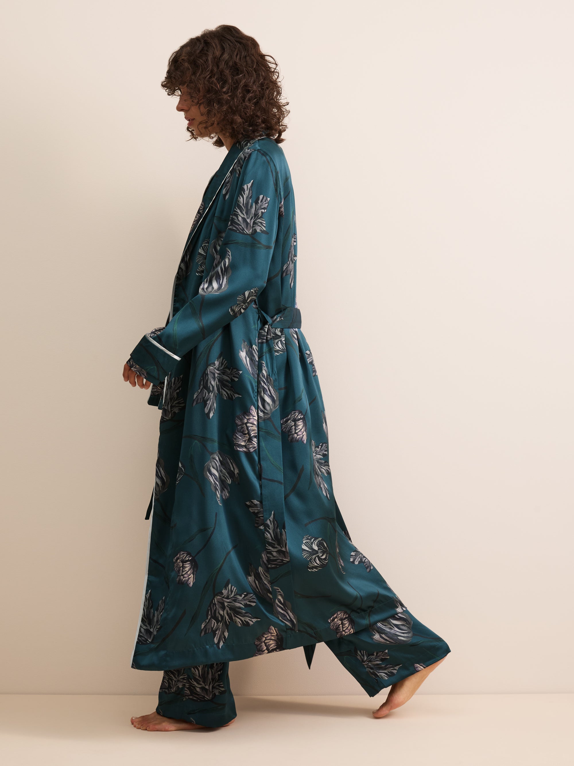 Brindisi Silk Dressing Gown Teal & Grey Tulip