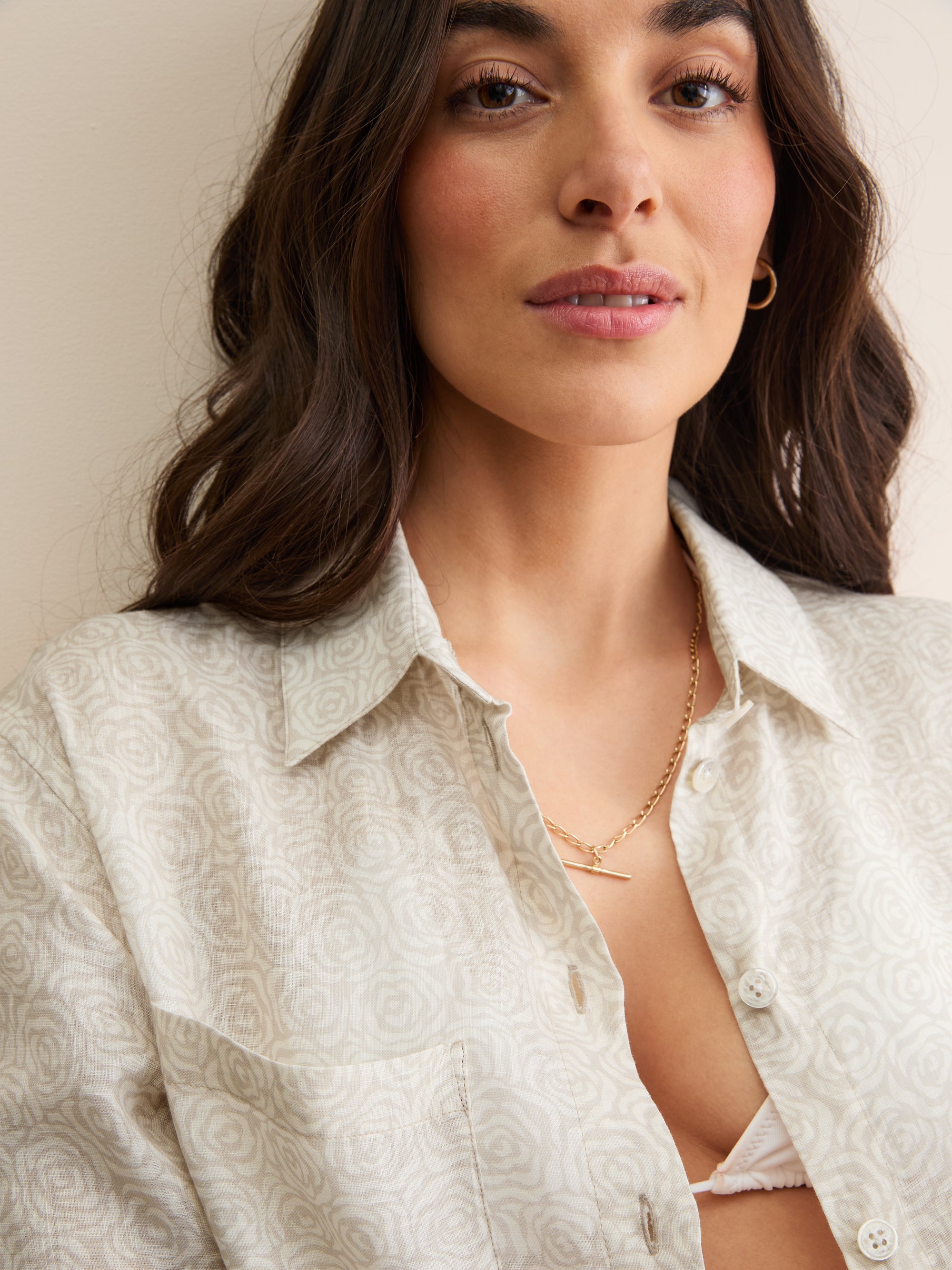 Women's Longline Shirt Milan Linen Rose Print Sand