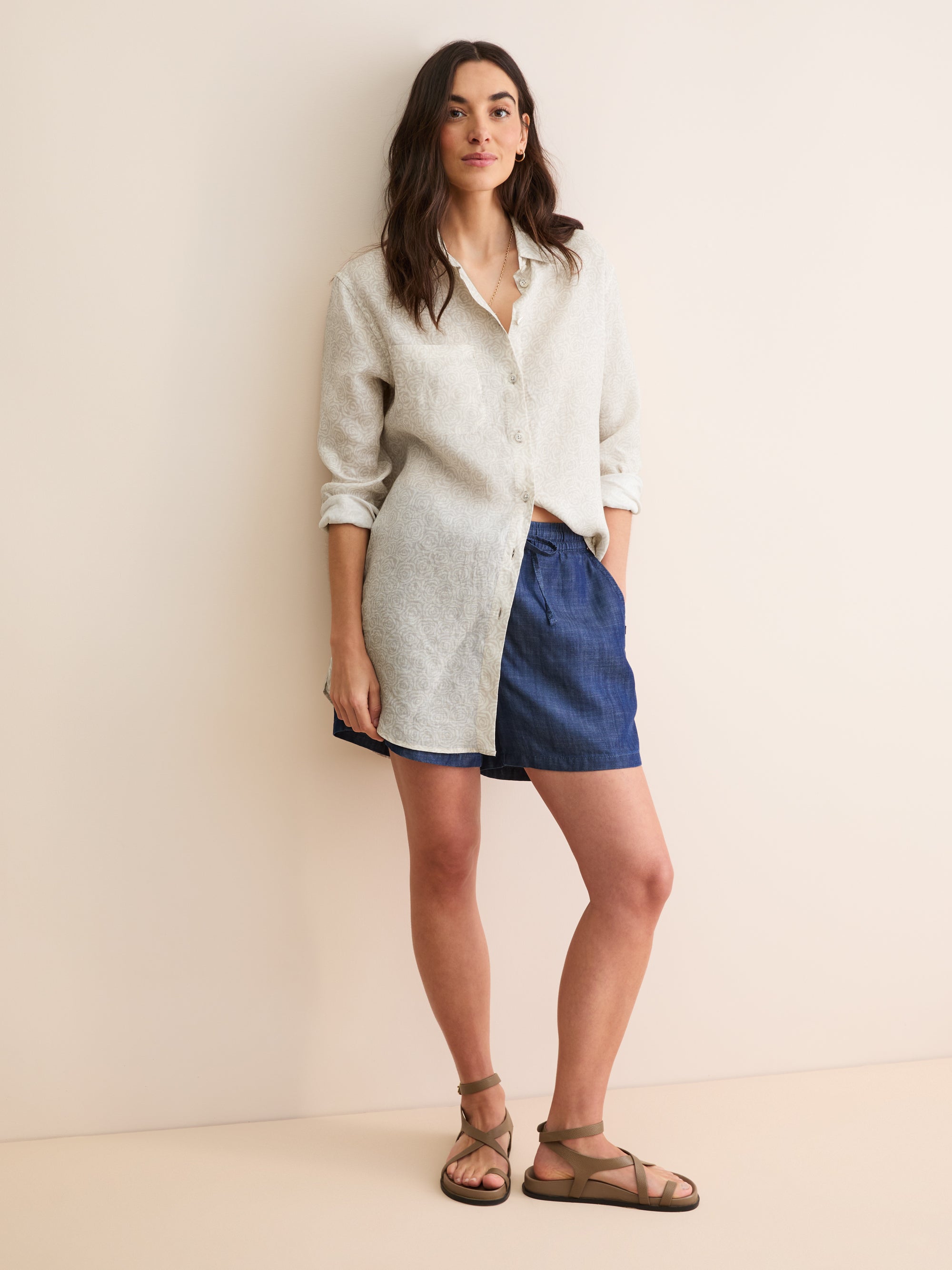 Women's Longline Shirt Milan Linen Rose Print Sand