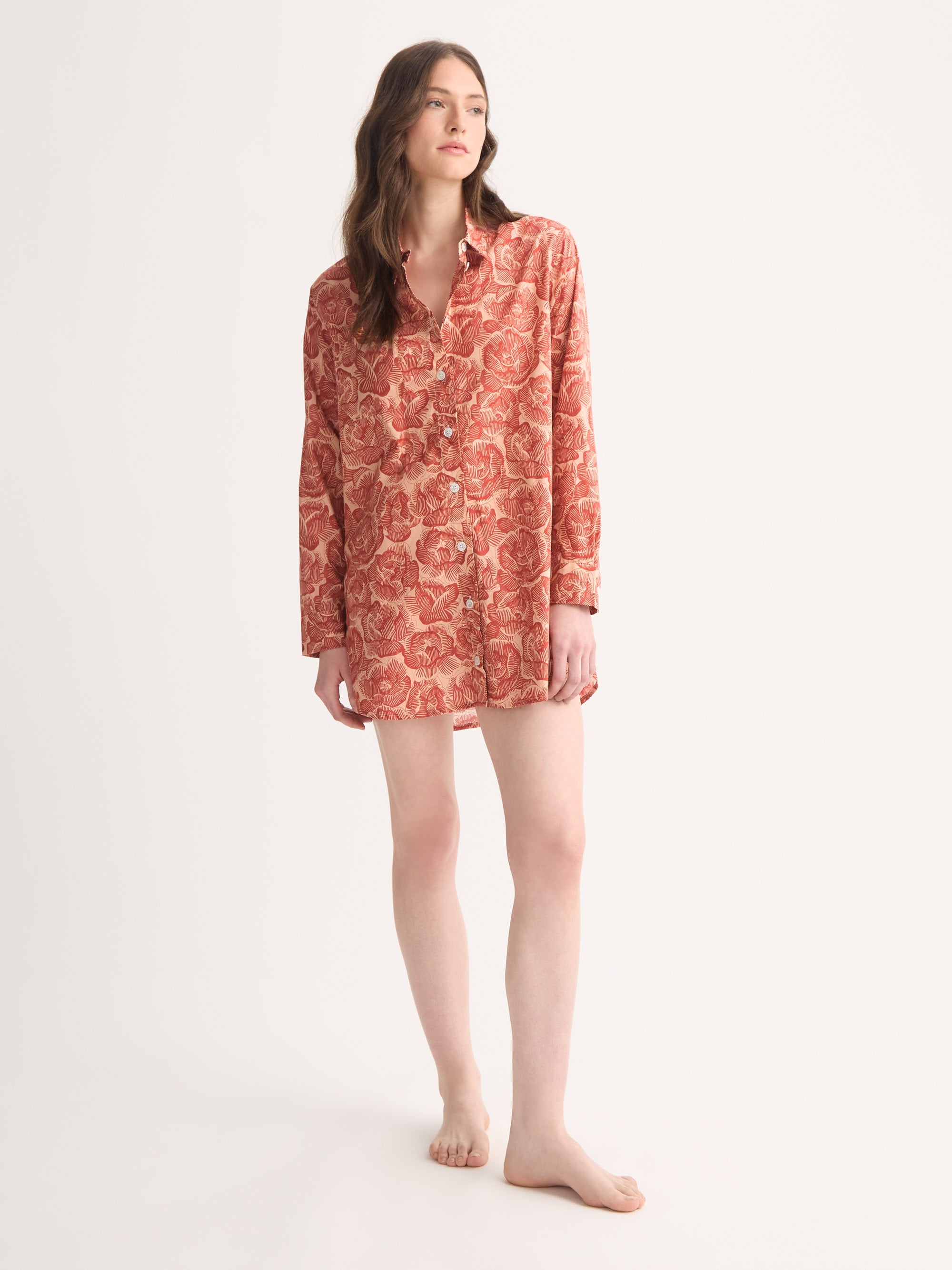 Women's Nightshirt Cotton Batiste Rustic Red & Peach Rose Print
