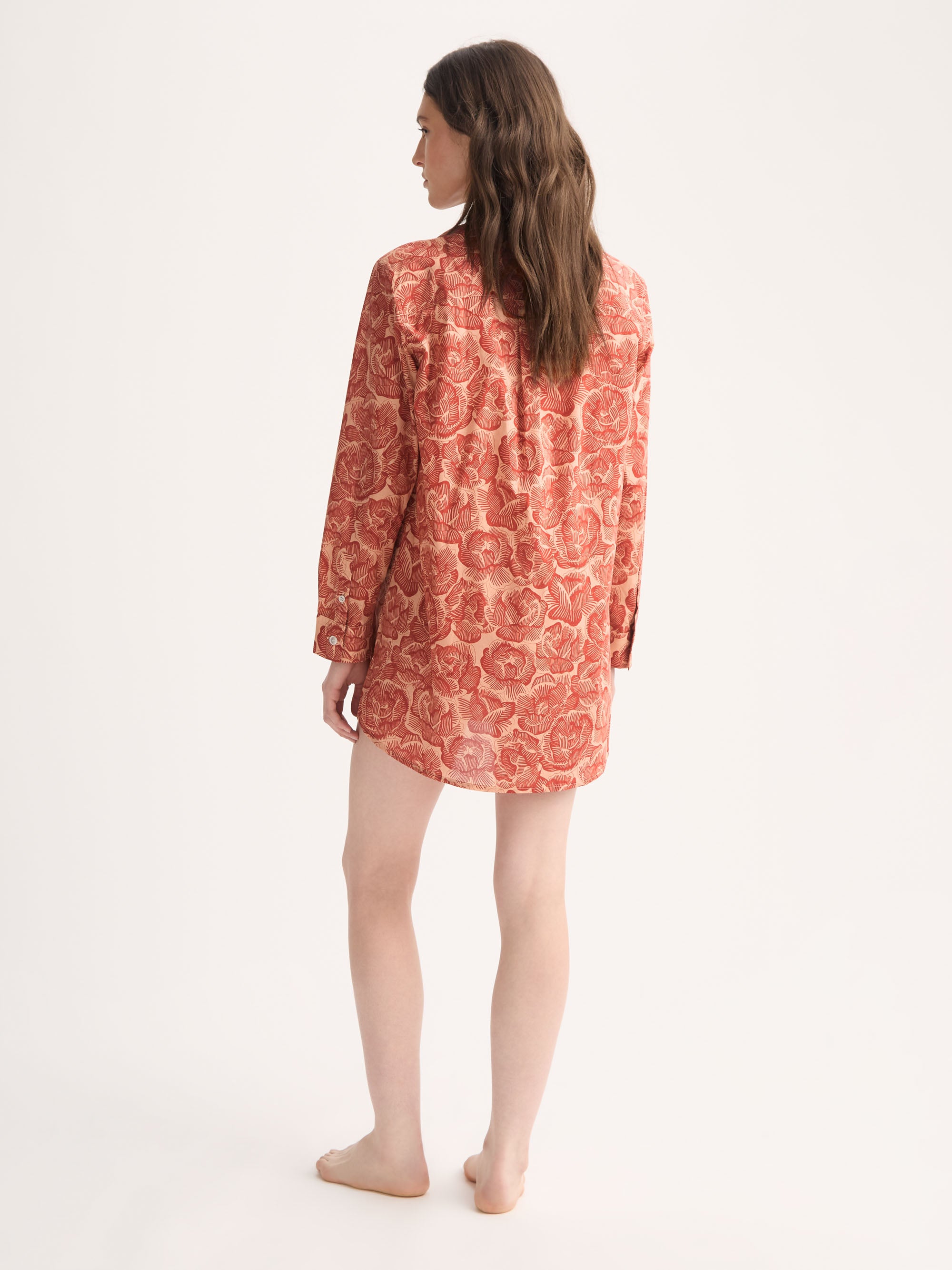 Women's Nightshirt Cotton Batiste Rustic Red & Peach Rose Print