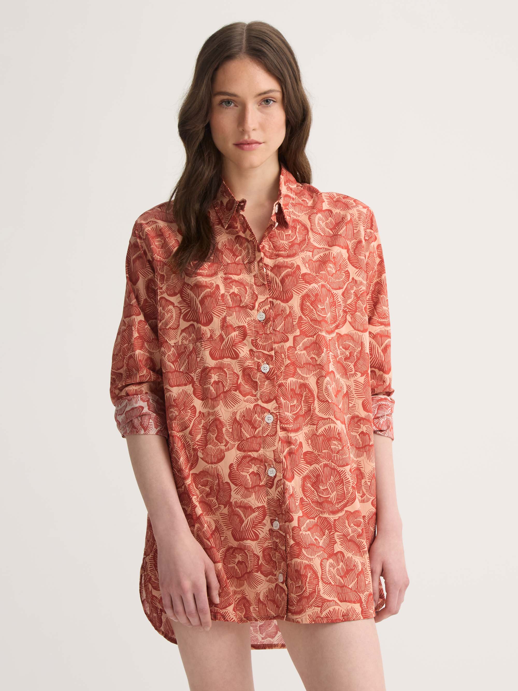 Women's Nightshirt Cotton Batiste Rustic Red & Peach Rose Print