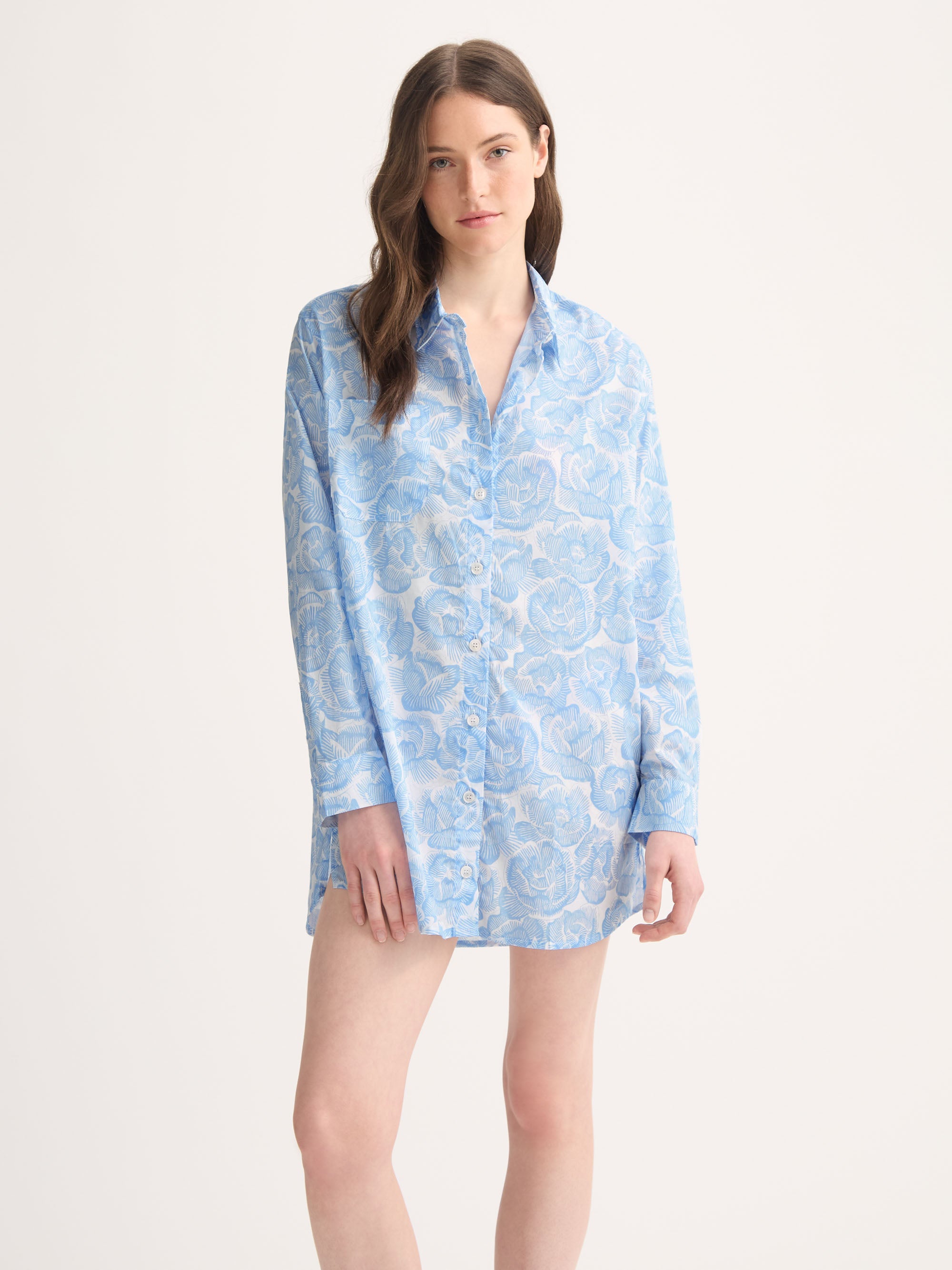 Women's Nightshirt Cotton Batiste Light Blue & White Rose Print