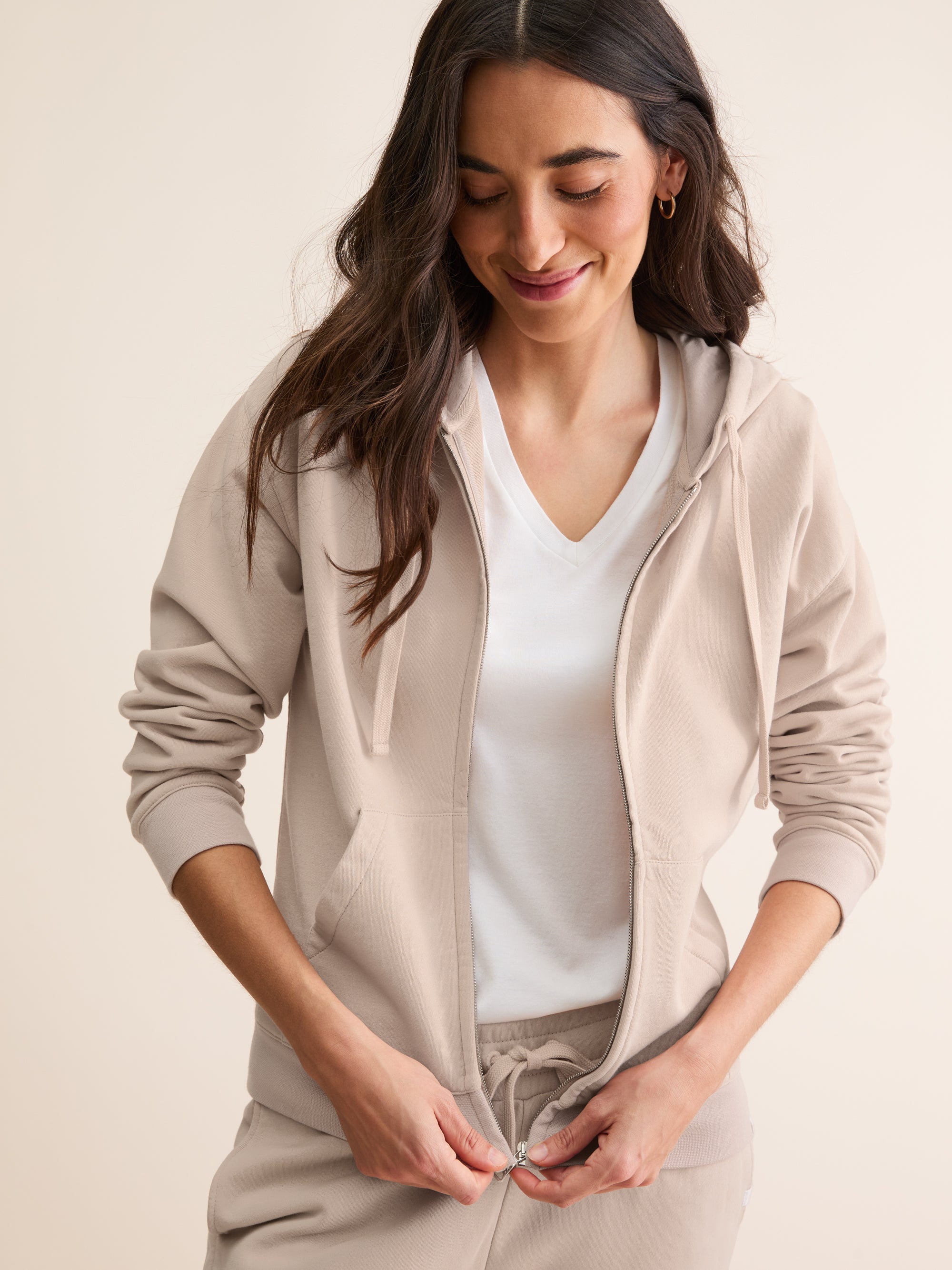 Women's Zip Up Hoodie Quinn Cotton Modal Beige Pink
