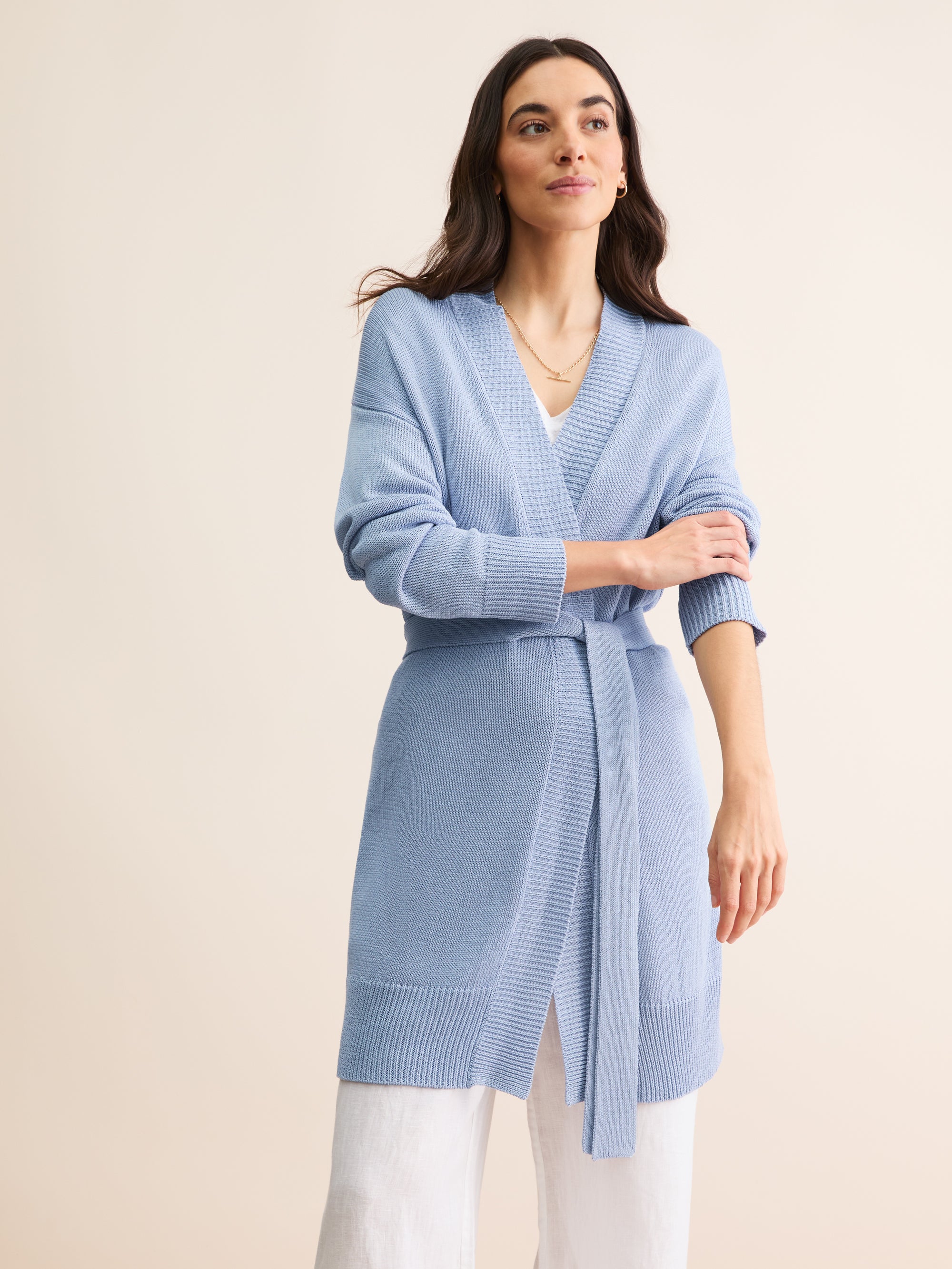 Women's Belted Cardigan Delphine Silk Linen Lavender Blue