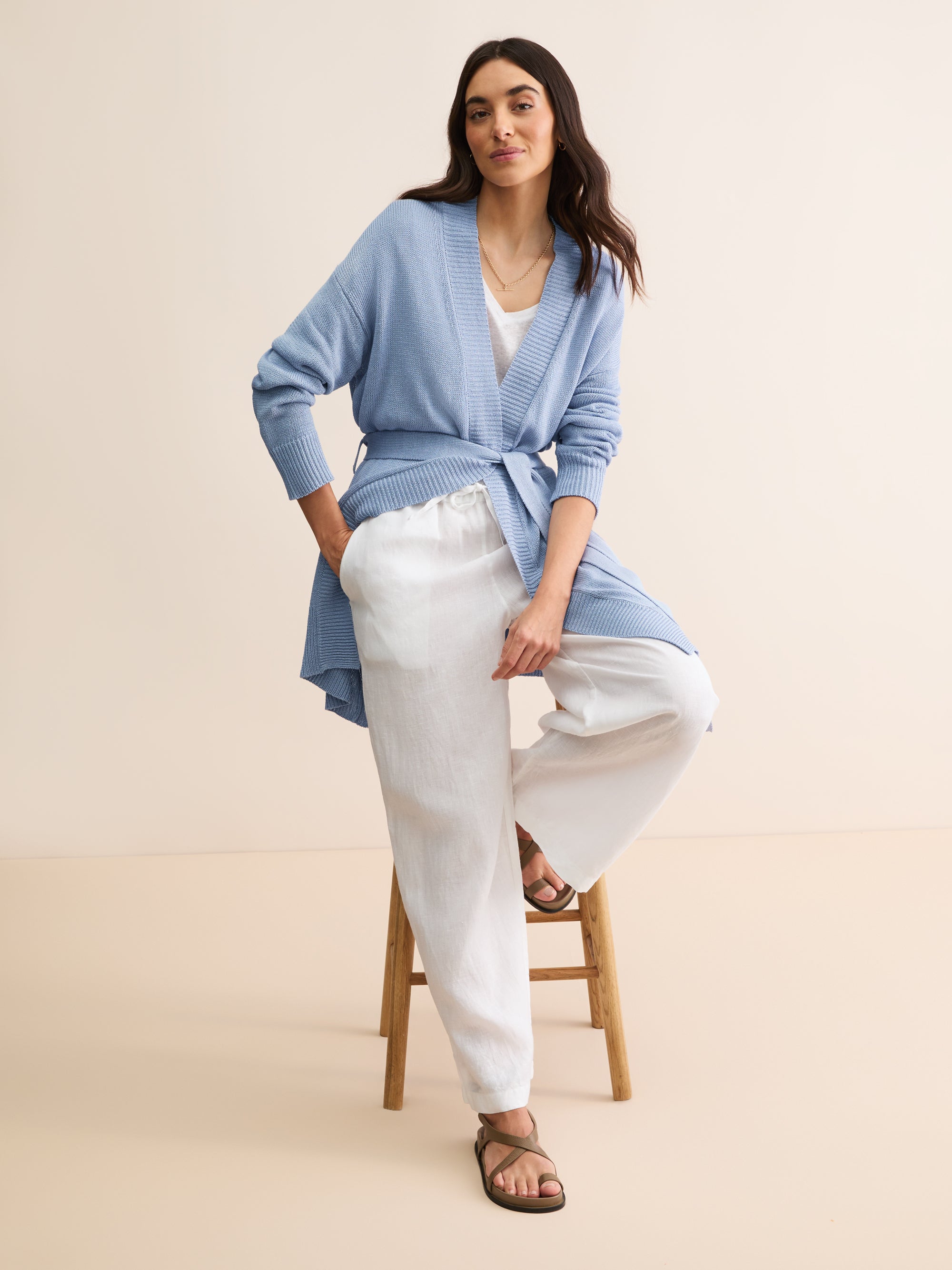 Women's Belted Cardigan Delphine Silk Linen Lavender Blue