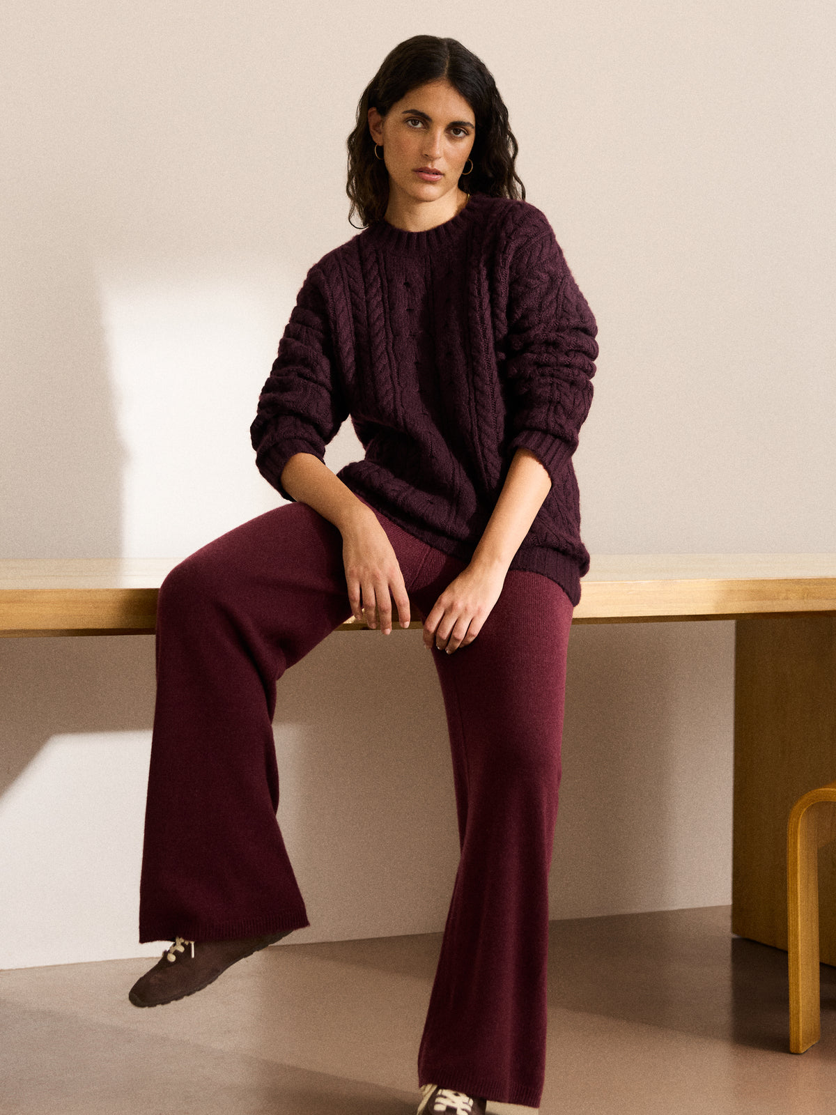 Phoebe Oversized Cashmere Cable Knit Sweater Burgundy
