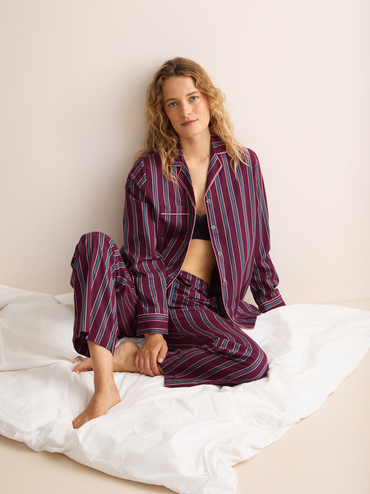 Capri Cotton Batiste Pajamas Wine & Teal Stripe