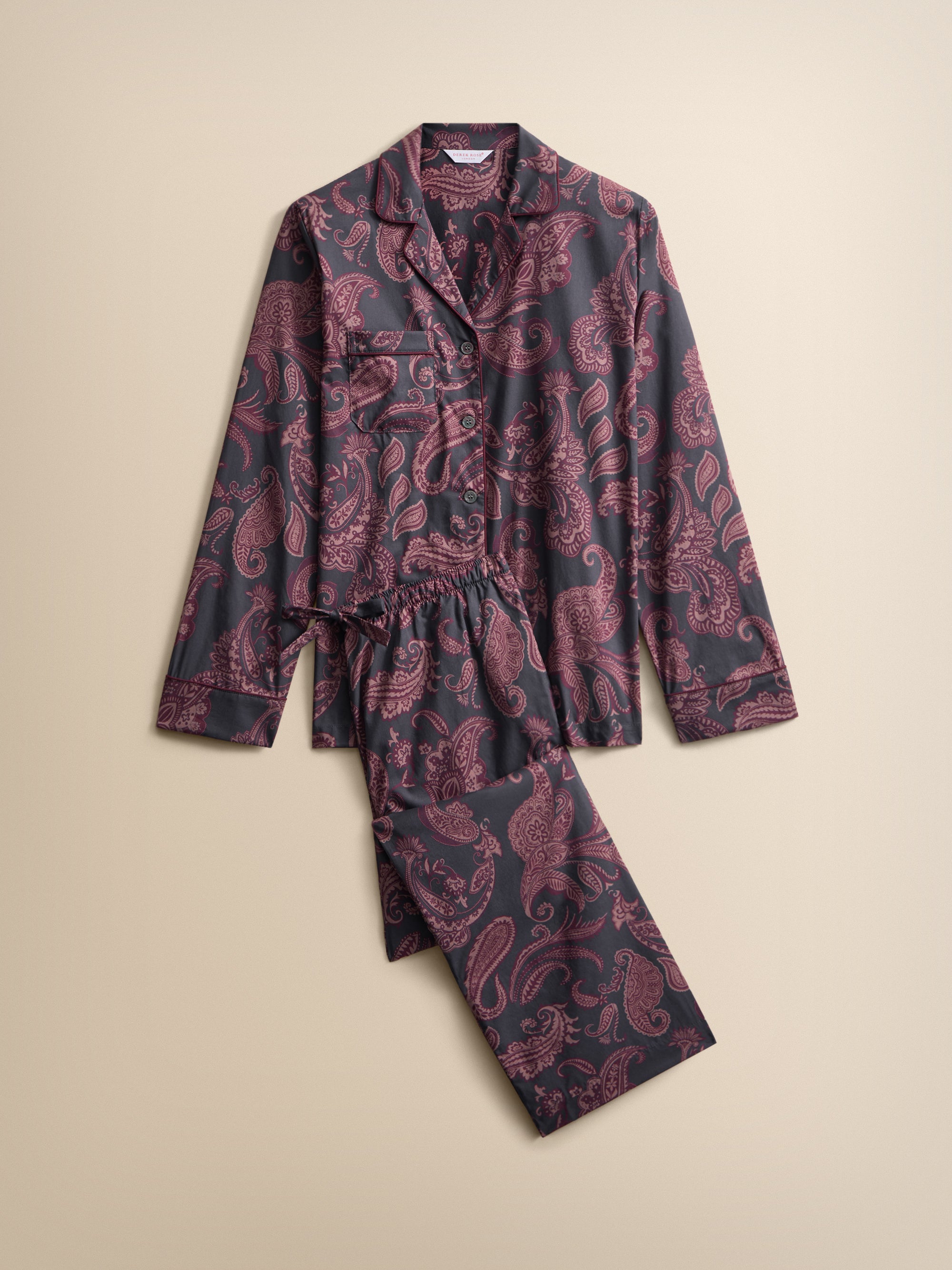 Ledbury Cotton Batiste Pajamas Night Gray & Wine Paisley