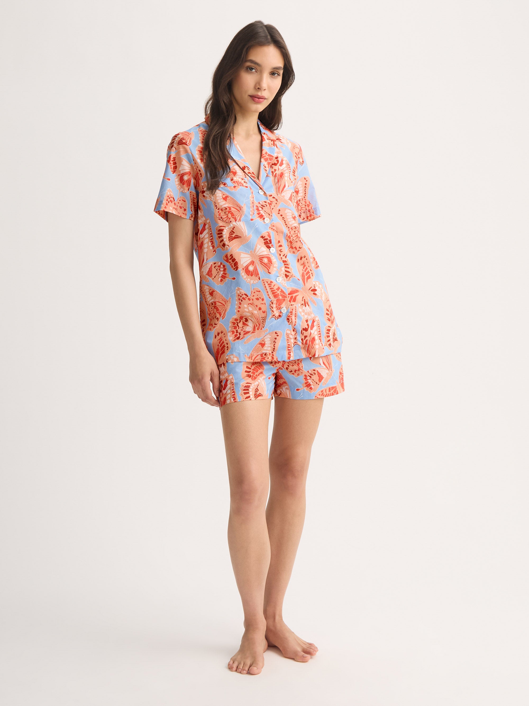 Women's Short Pyjamas Cotton Batiste Light Blue & Peach Butterfly Print