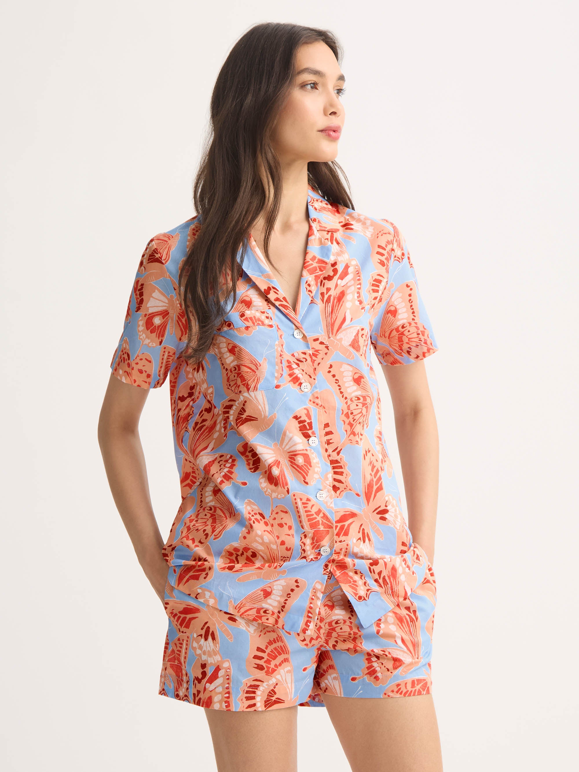 Women's Short Pyjamas Cotton Batiste Light Blue & Peach Butterfly Print