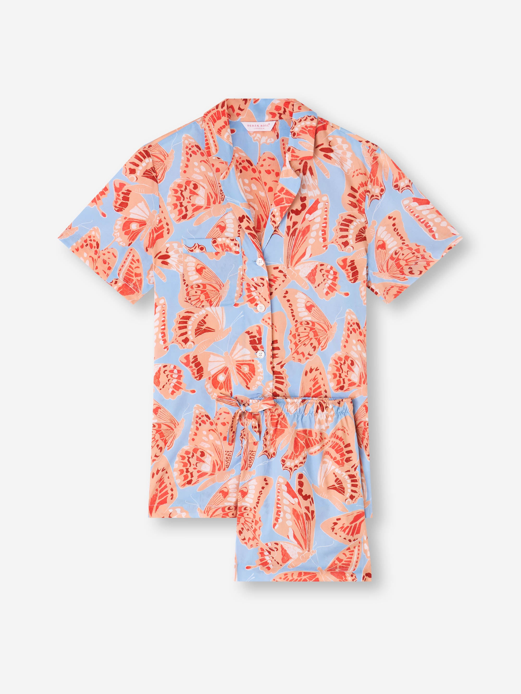 Women's Short Pyjamas Cotton Batiste Light Blue & Peach Butterfly Print