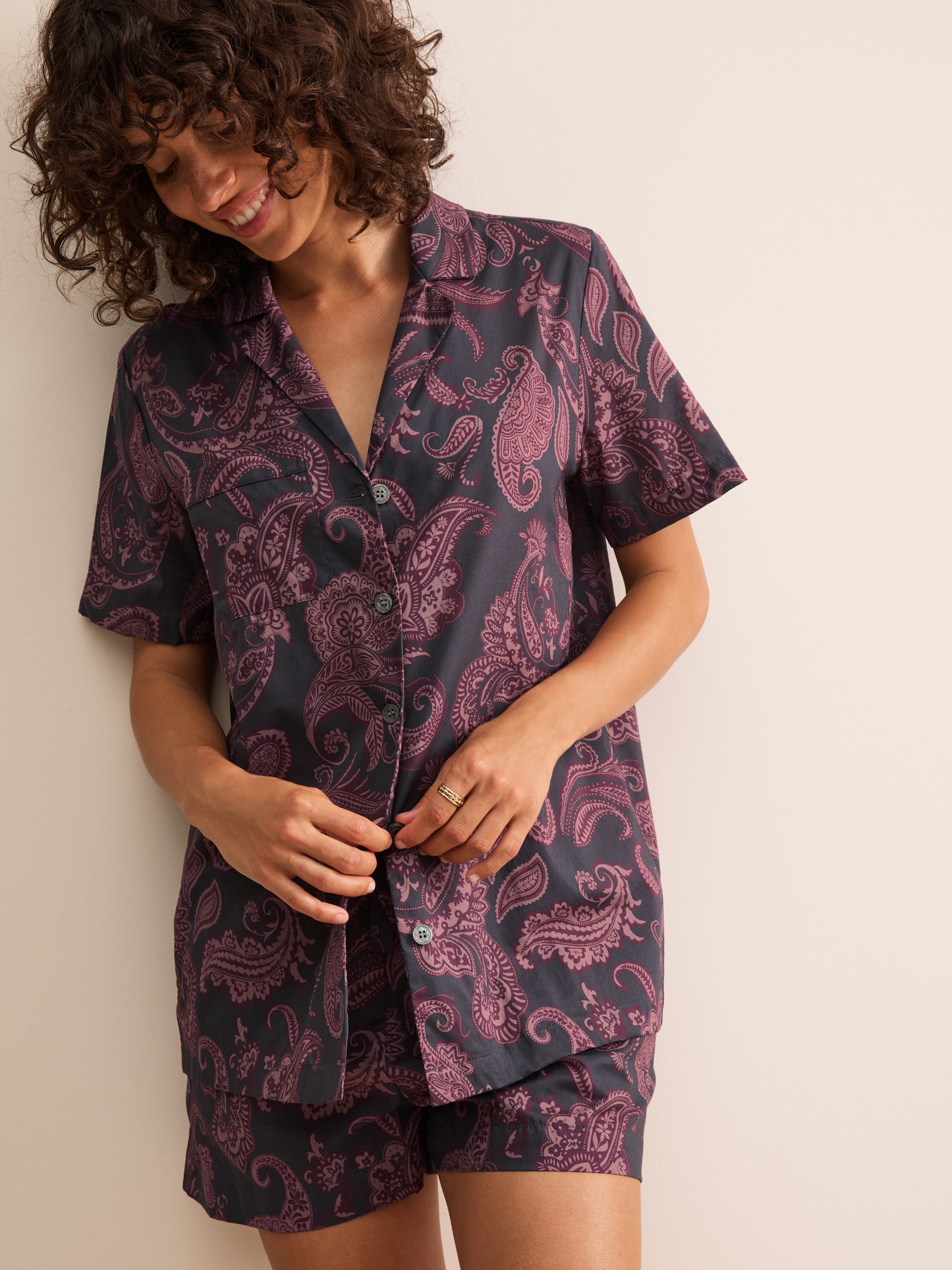 Ledbury Cotton Batiste Short Pajamas Night Gray & Wine Paisley