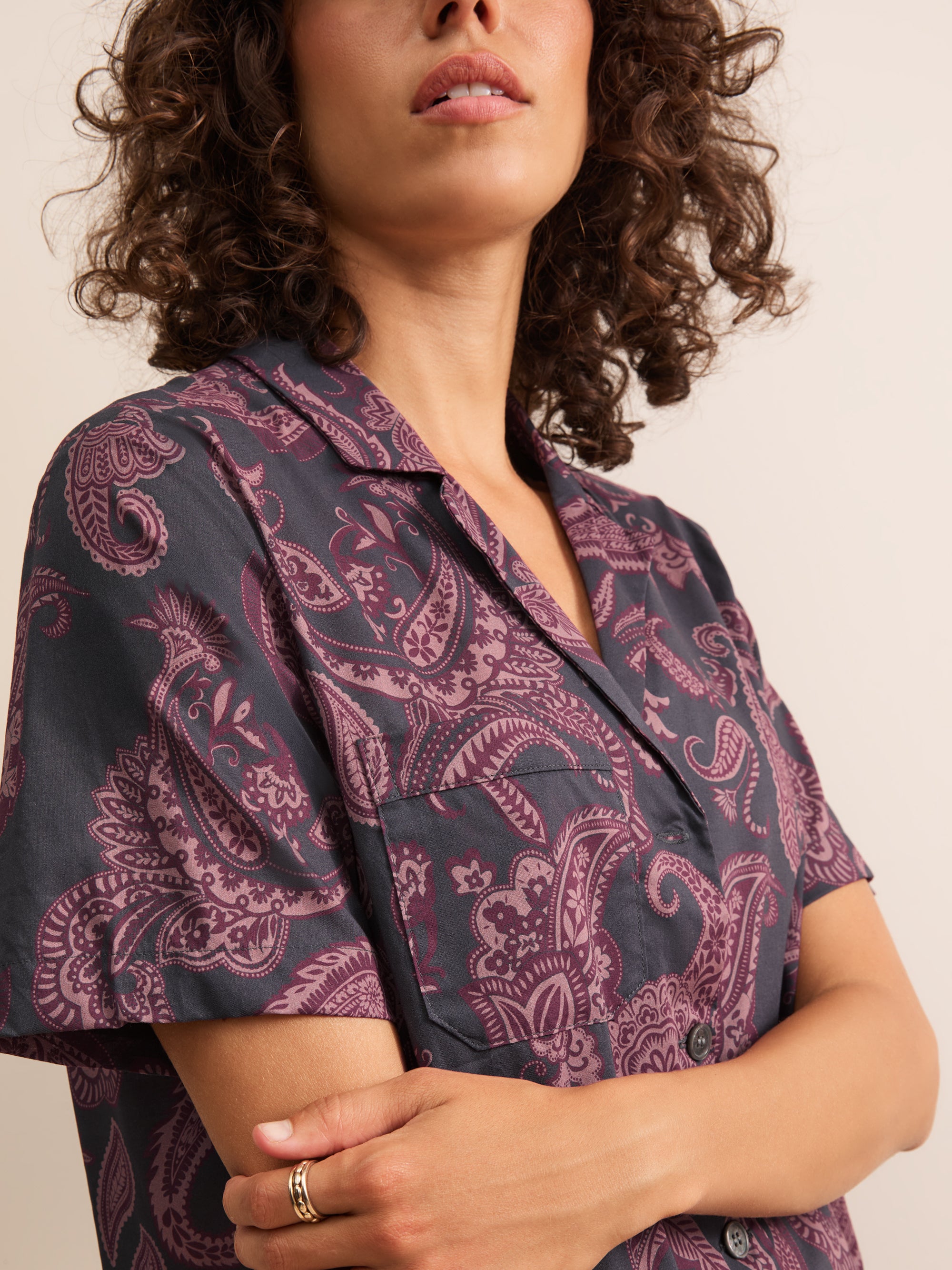 Ledbury Cotton Batiste Short Pajamas Night Gray & Wine Paisley