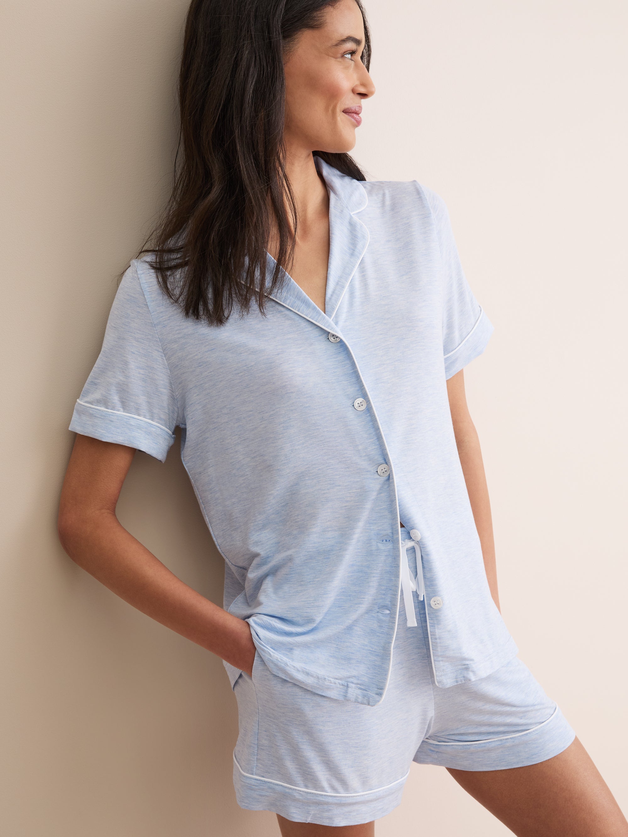 Women's Short Pyjamas Ethan Micro Modal Stretch Light Blue Marl