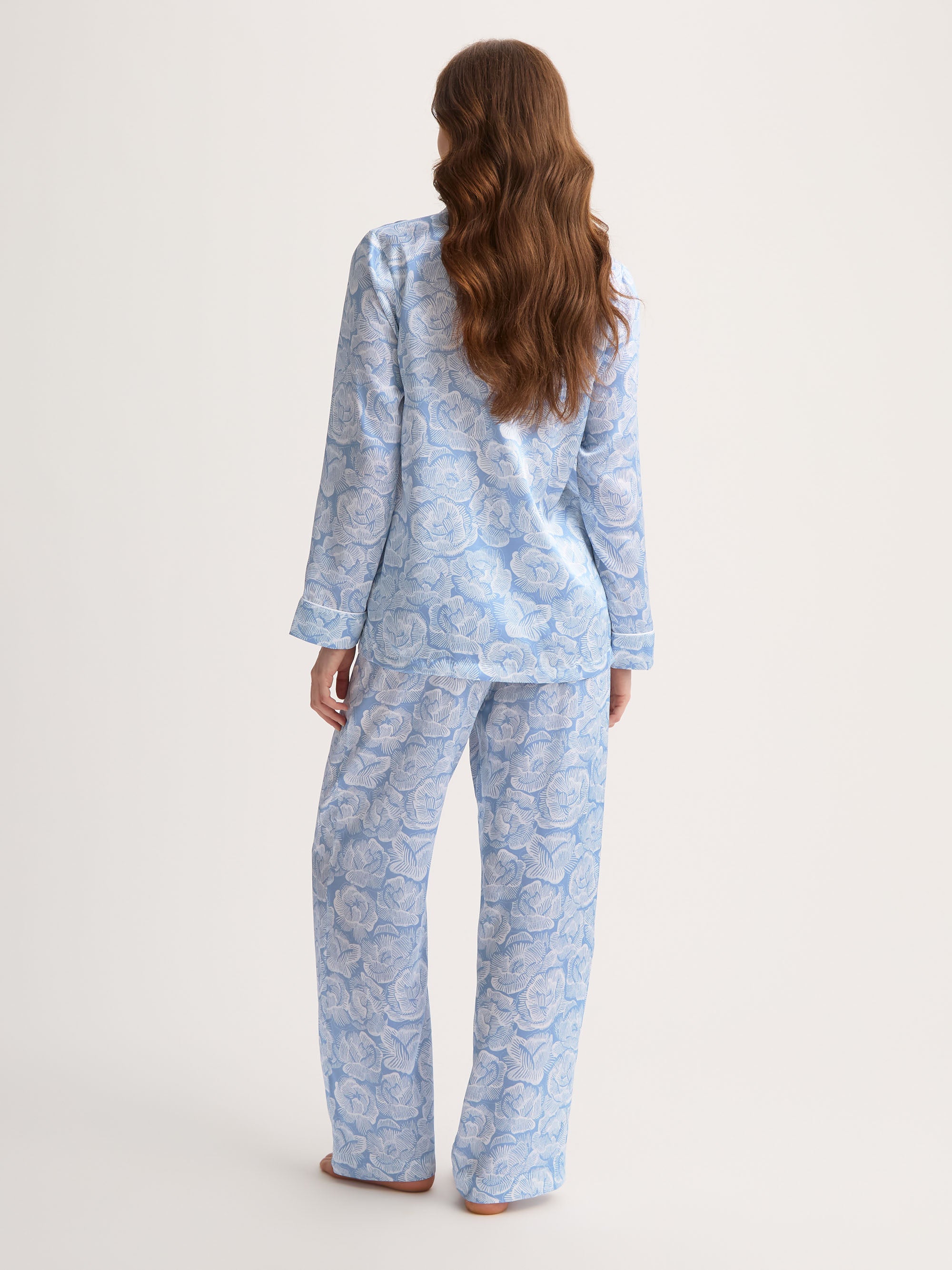 Women's Silk Pyjamas Light Blue & White Rose Print