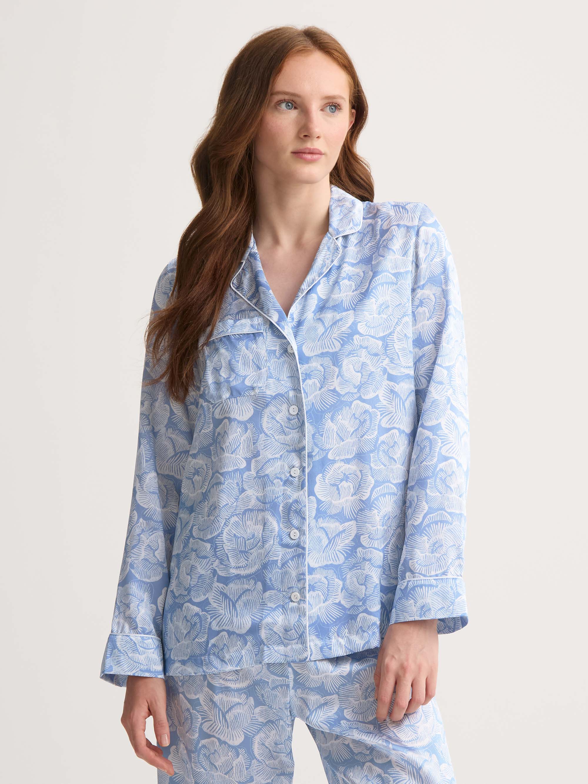 Women's Silk Pyjamas Light Blue & White Rose Print