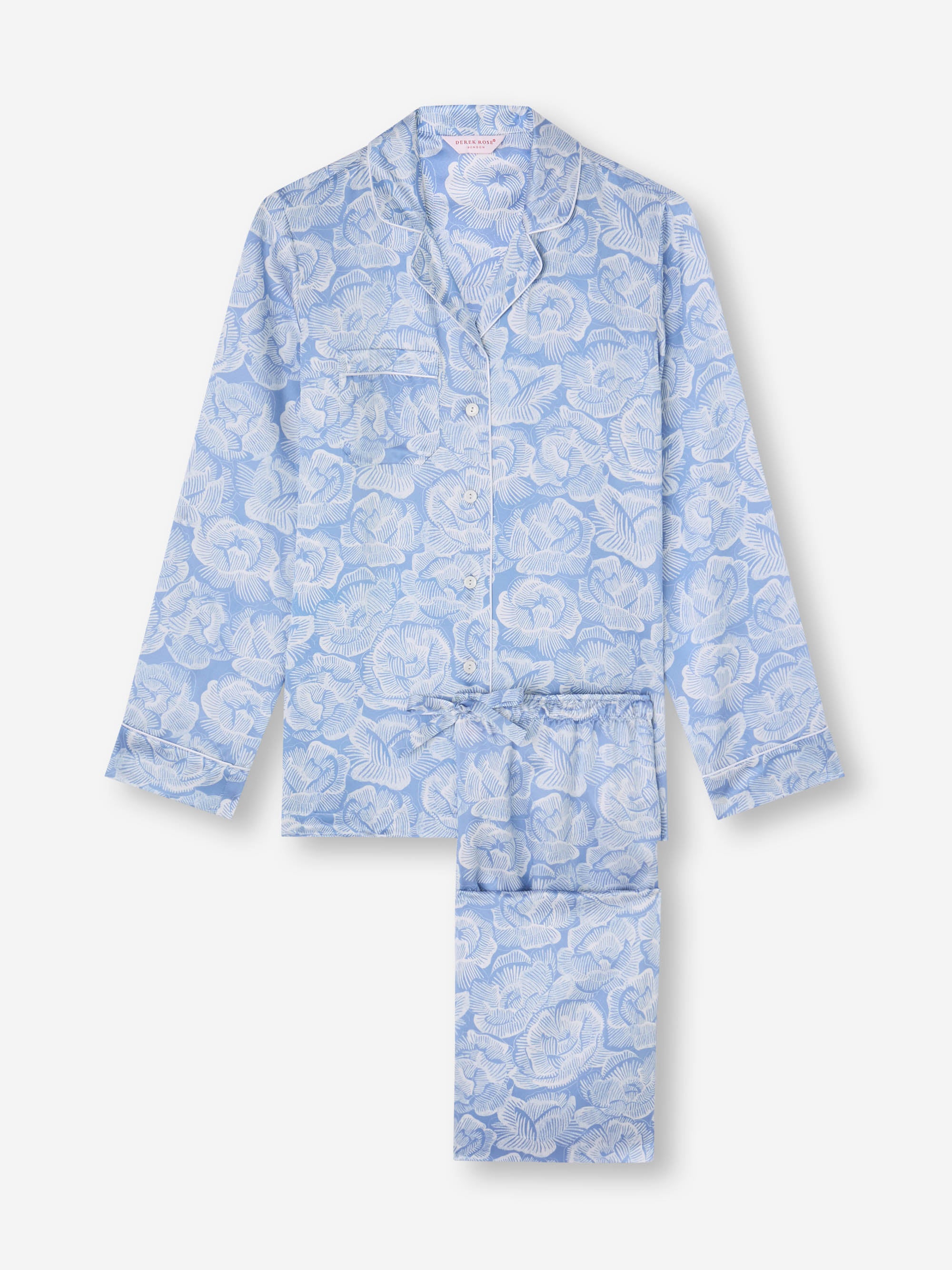 Women's Silk Pyjamas Light Blue & White Rose Print