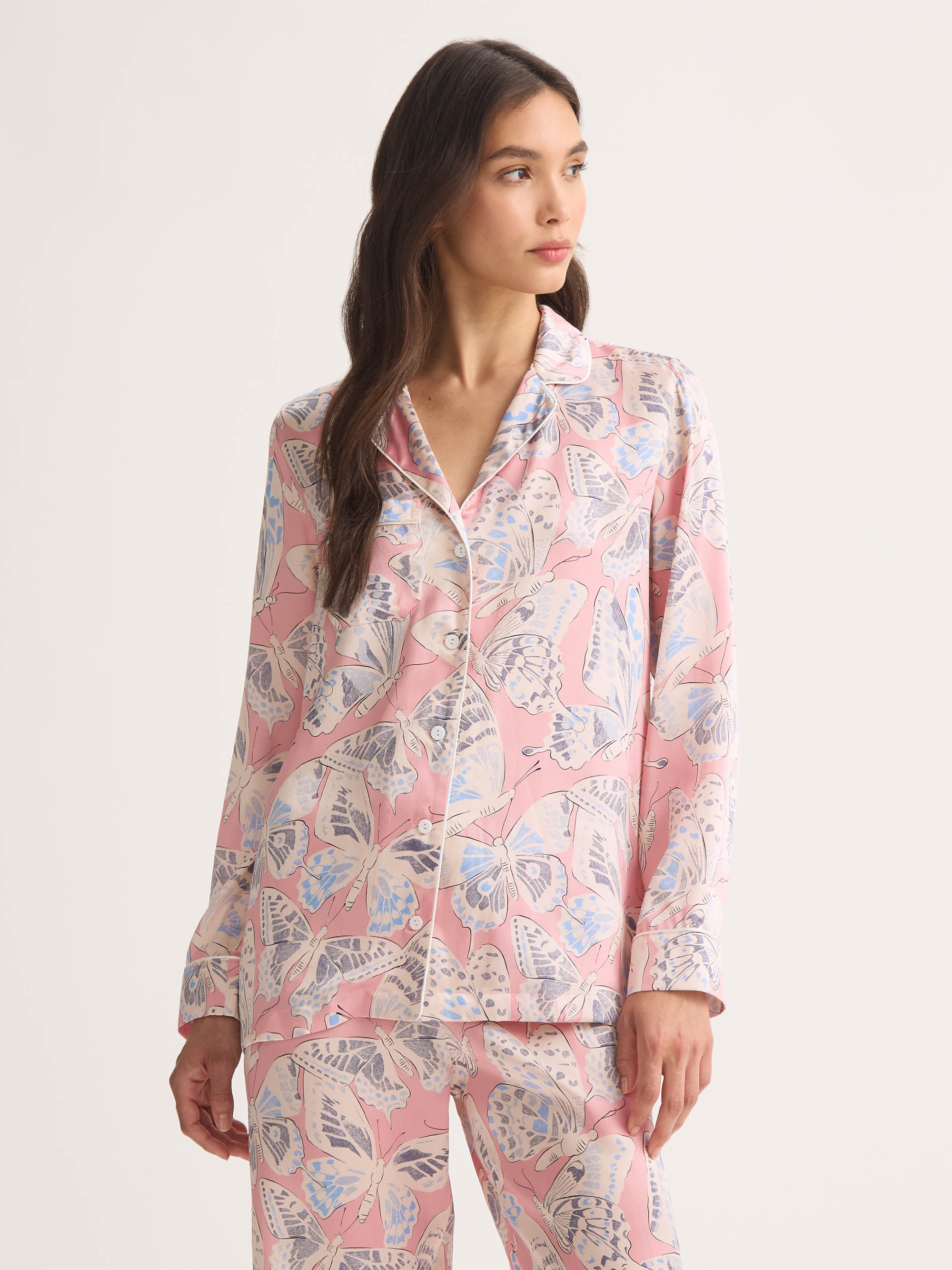 Women's Silk Pyjamas Pink Multicolour Butterfly Print