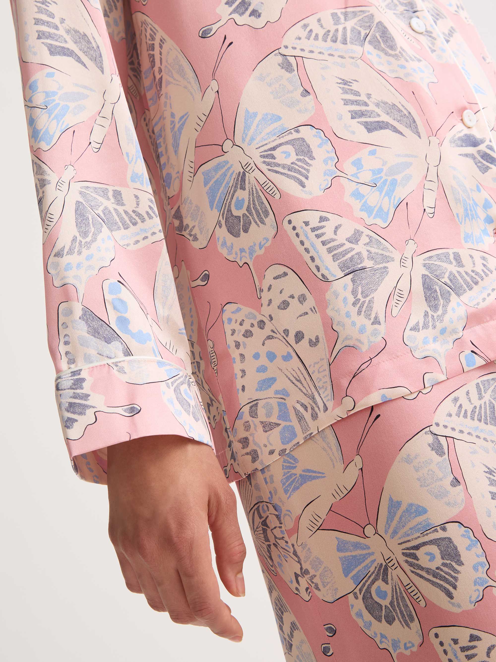Women's Silk Pyjamas Pink Multicolour Butterfly Print