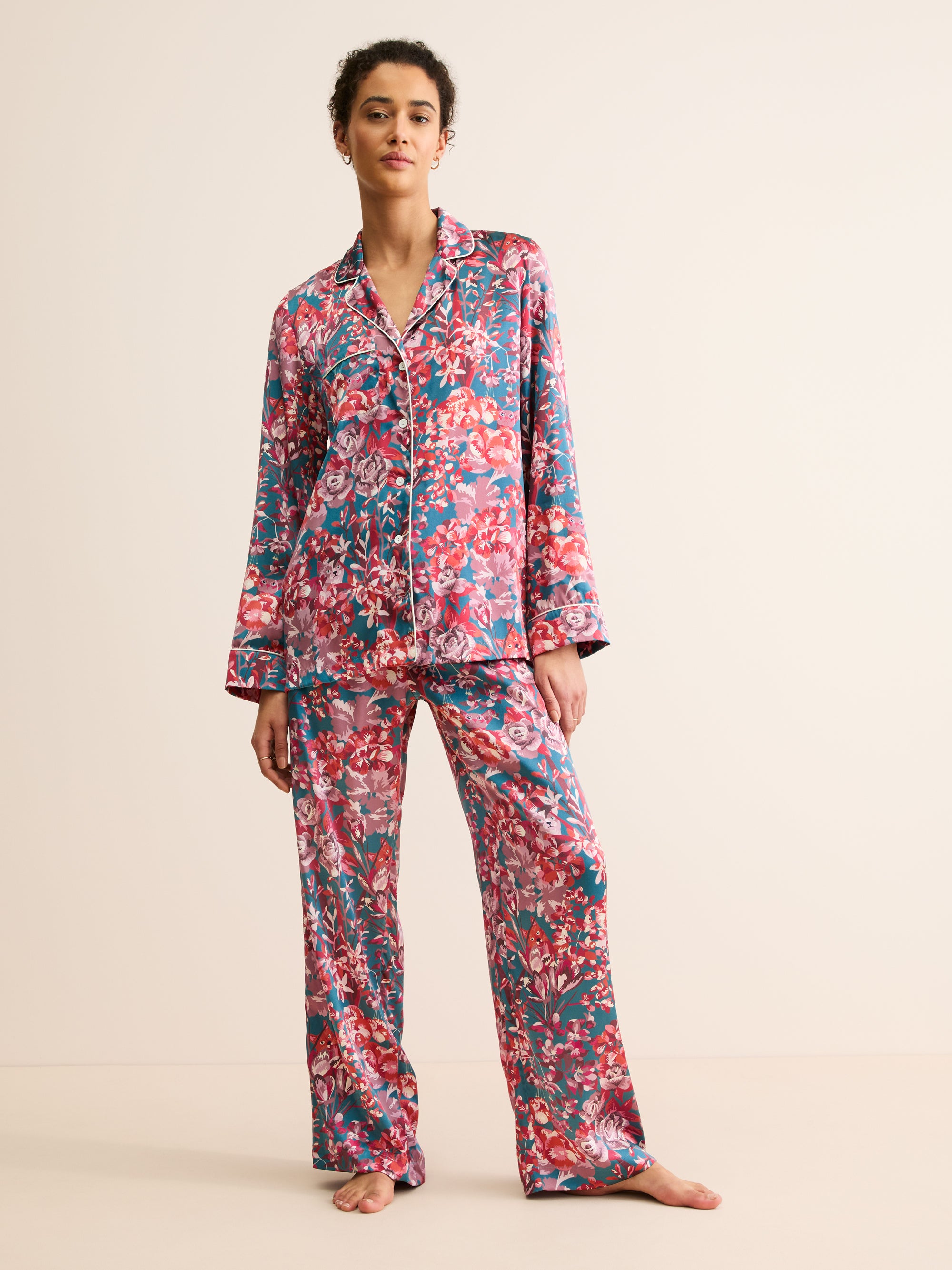 Women's Silk Pyjamas London Garden Multi Teal