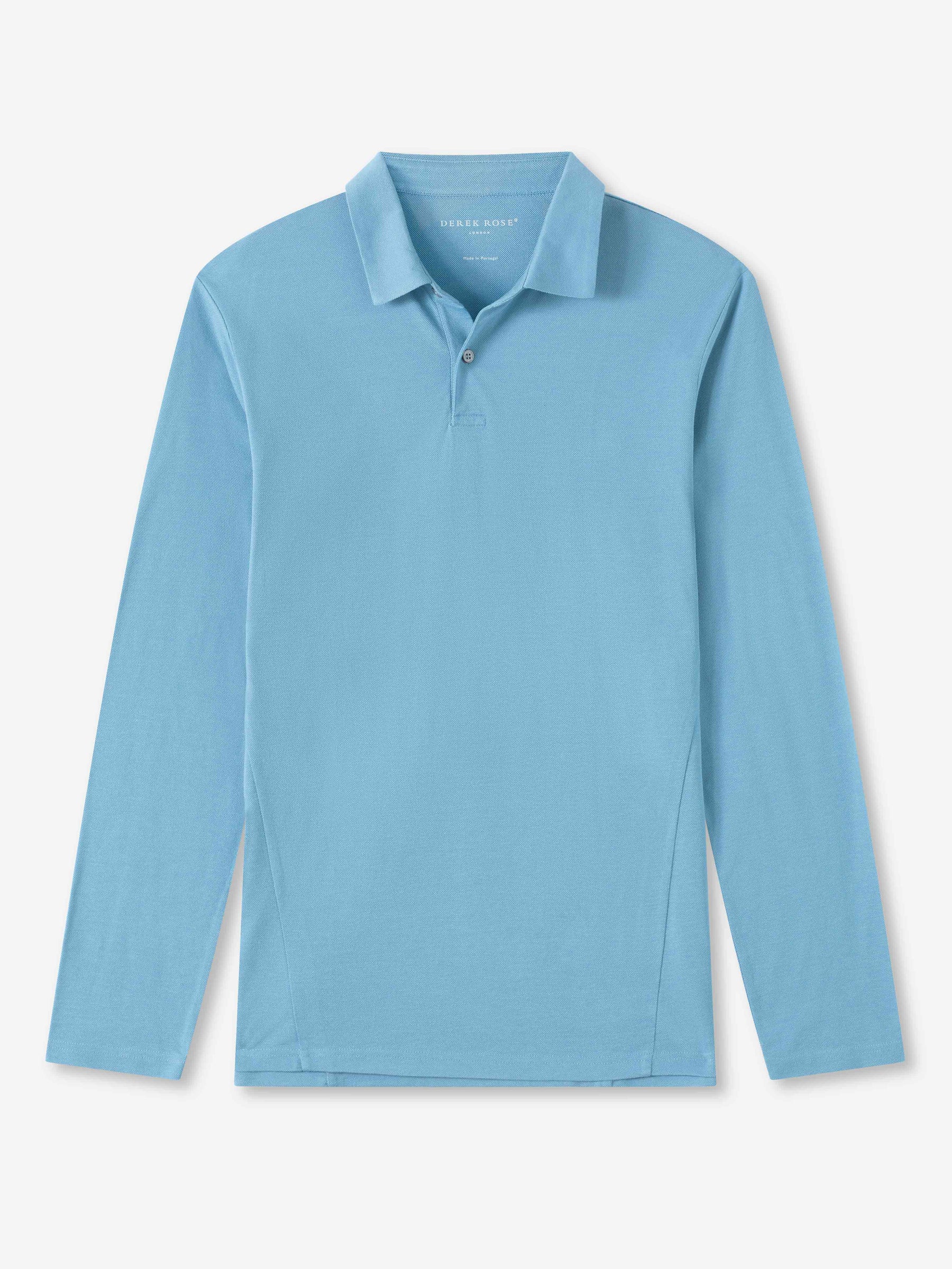 Men's Long Sleeve Polo Shirt Ramsay 4 Pique Cotton Tencel Blue