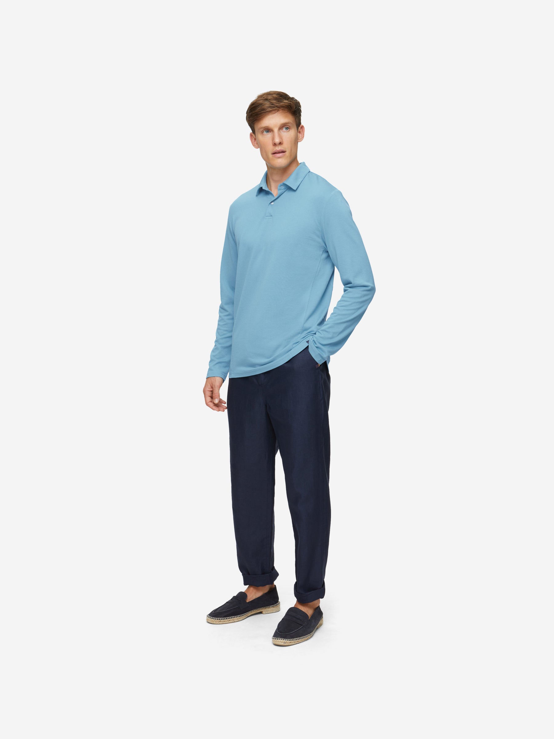 Men's Long Sleeve Polo Shirt Ramsay 4 Pique Cotton Tencel Blue