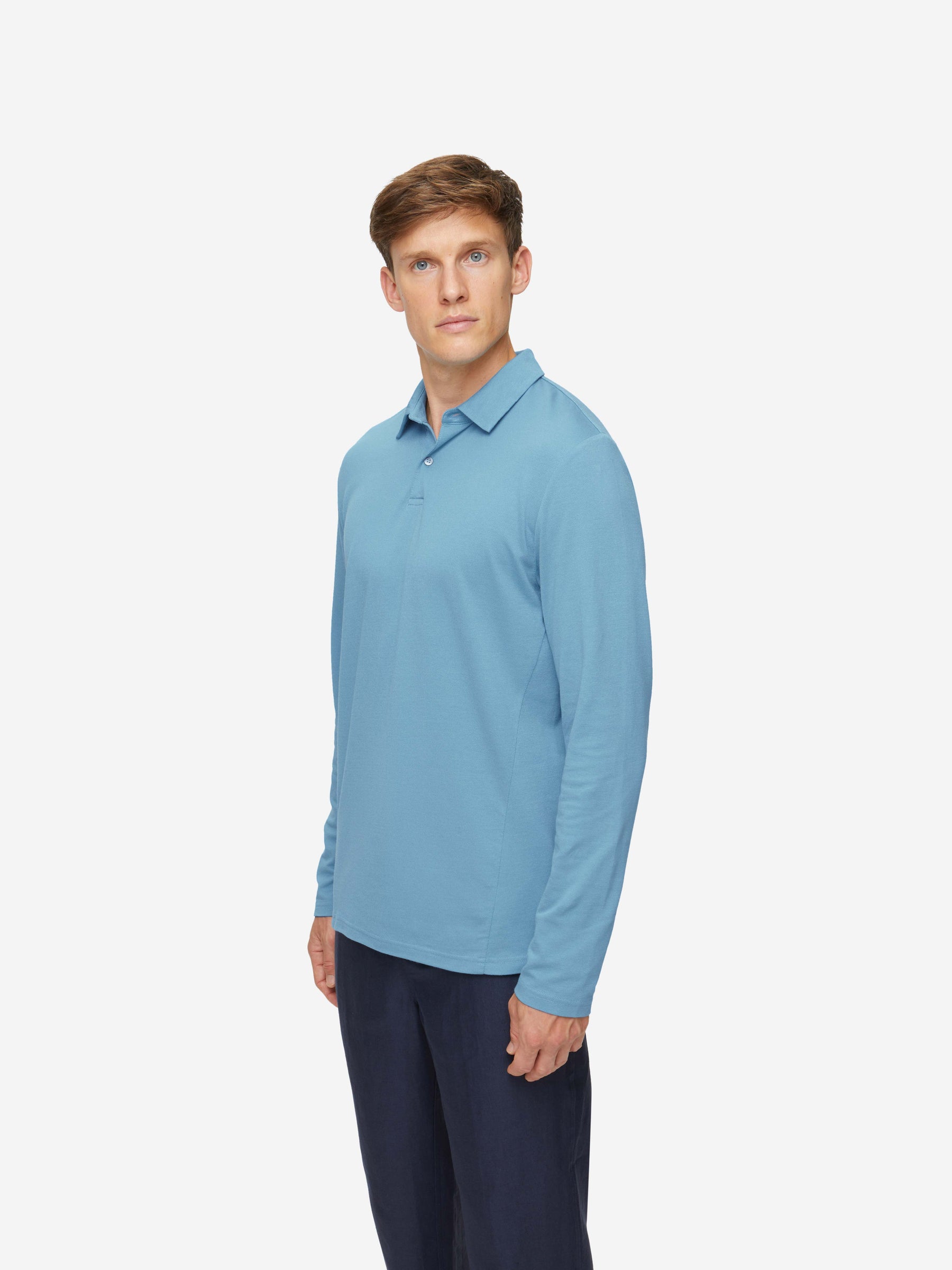 Men's Long Sleeve Polo Shirt Ramsay 4 Pique Cotton Tencel Blue