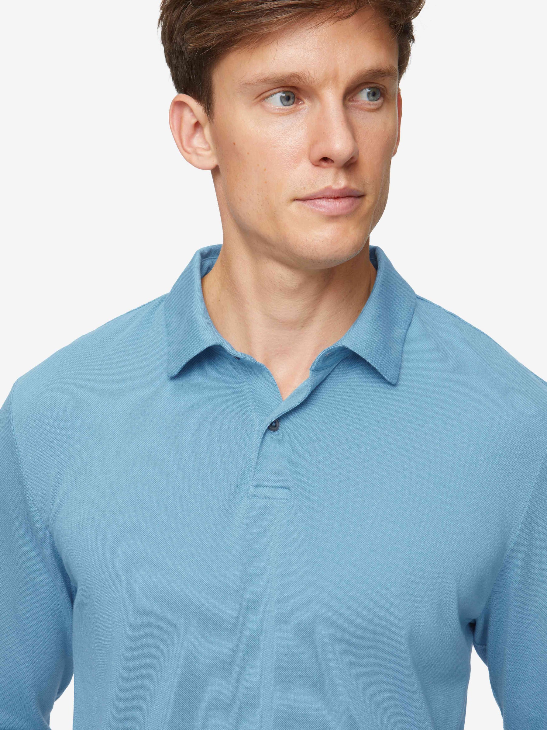 Men's Long Sleeve Polo Shirt Ramsay 4 Pique Cotton Tencel Blue