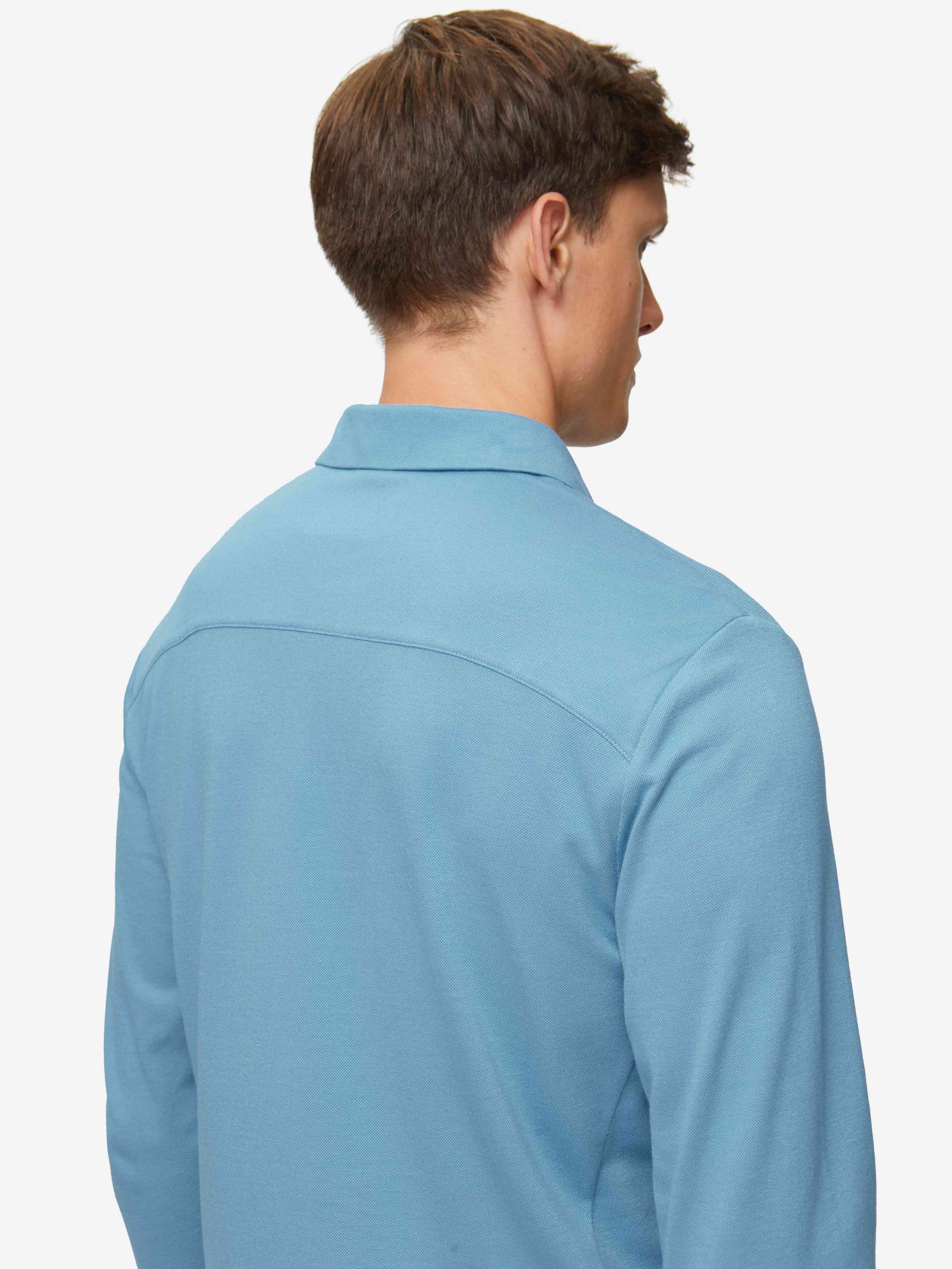 Men's Long Sleeve Polo Shirt Ramsay 4 Pique Cotton Tencel Blue