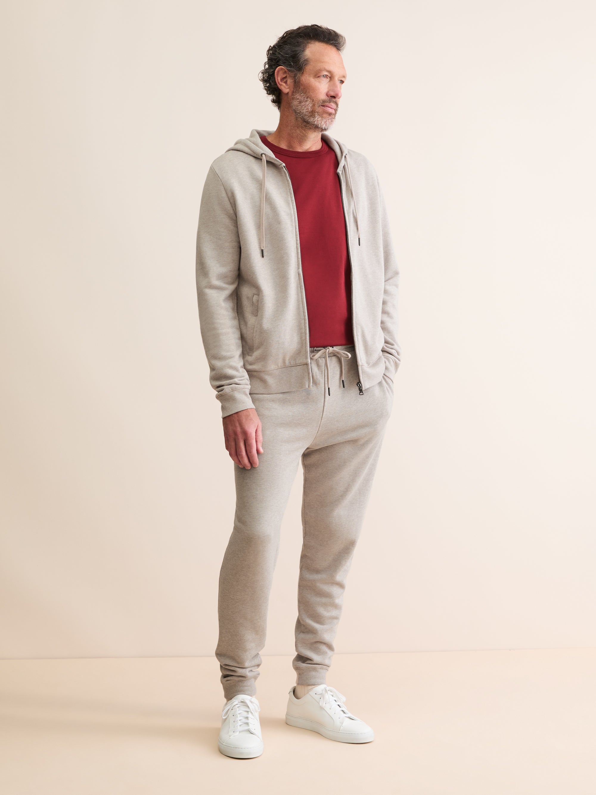 Men's Zip Up Hoodie Quinn Cotton Modal Greige Marl
