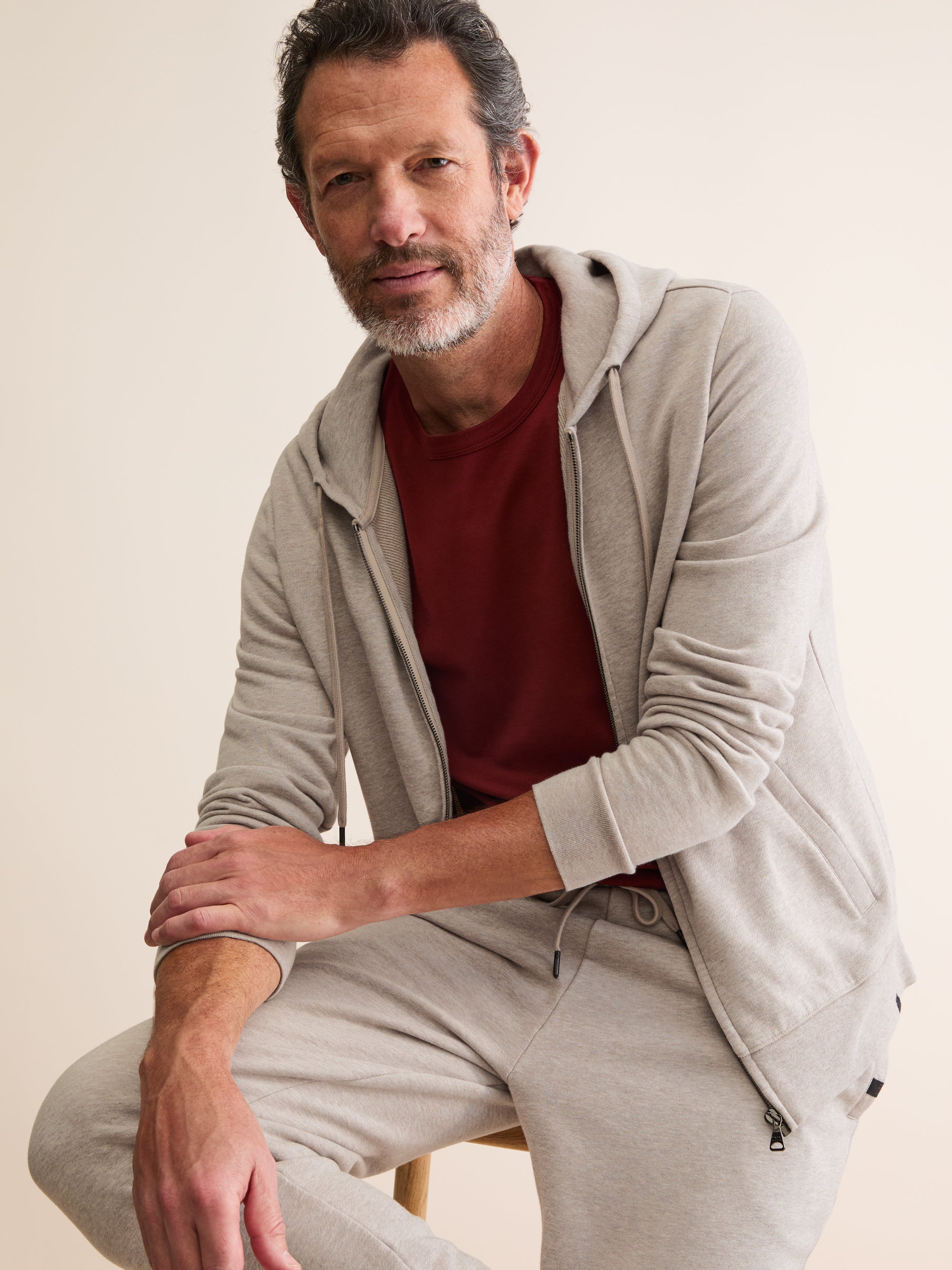 Men's Zip Up Hoodie Quinn Cotton Modal Greige Marl