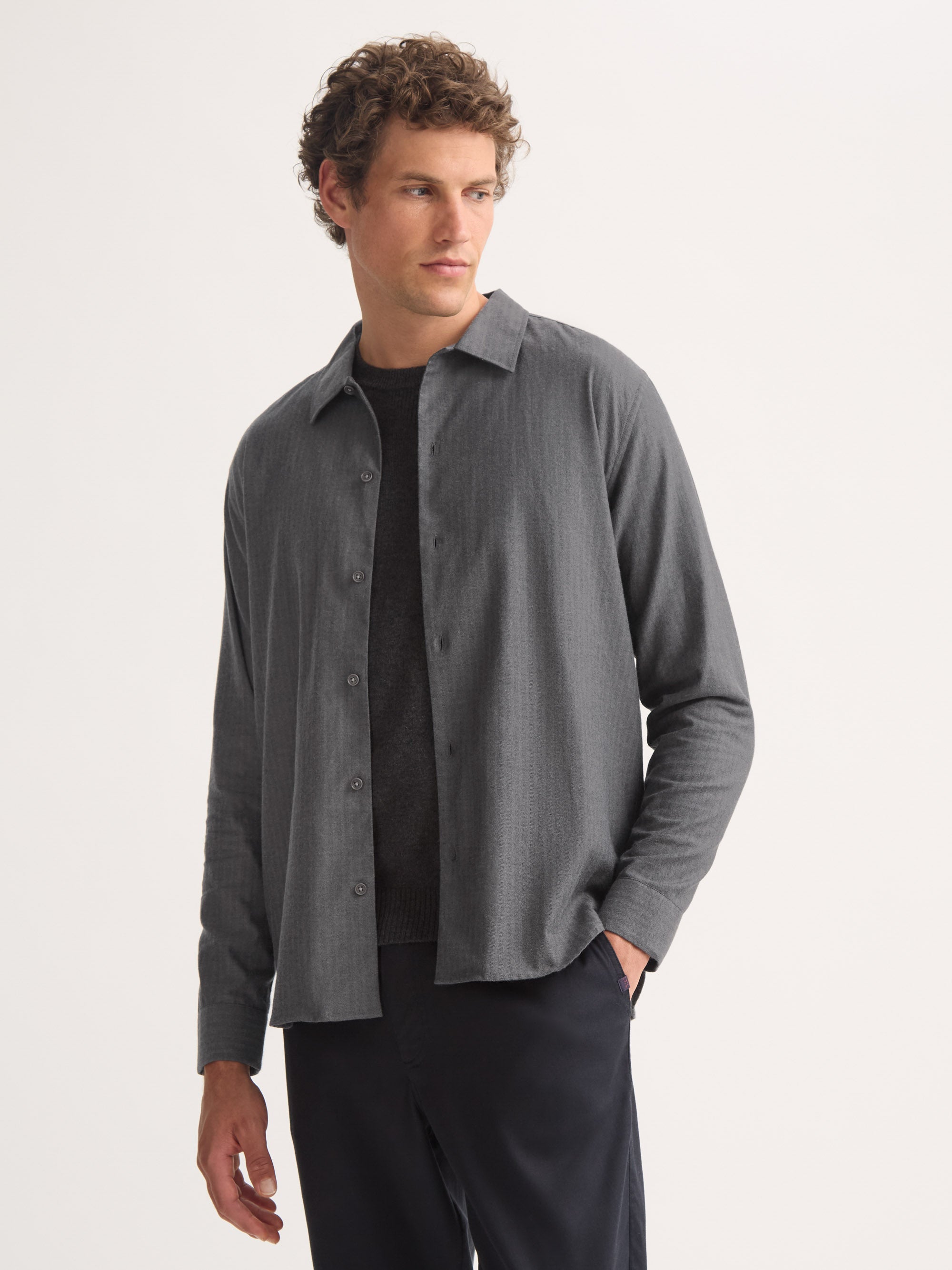 Men's Flannel Overshirt Balmoral Brushed Cotton Charcoal Gray Herringbone