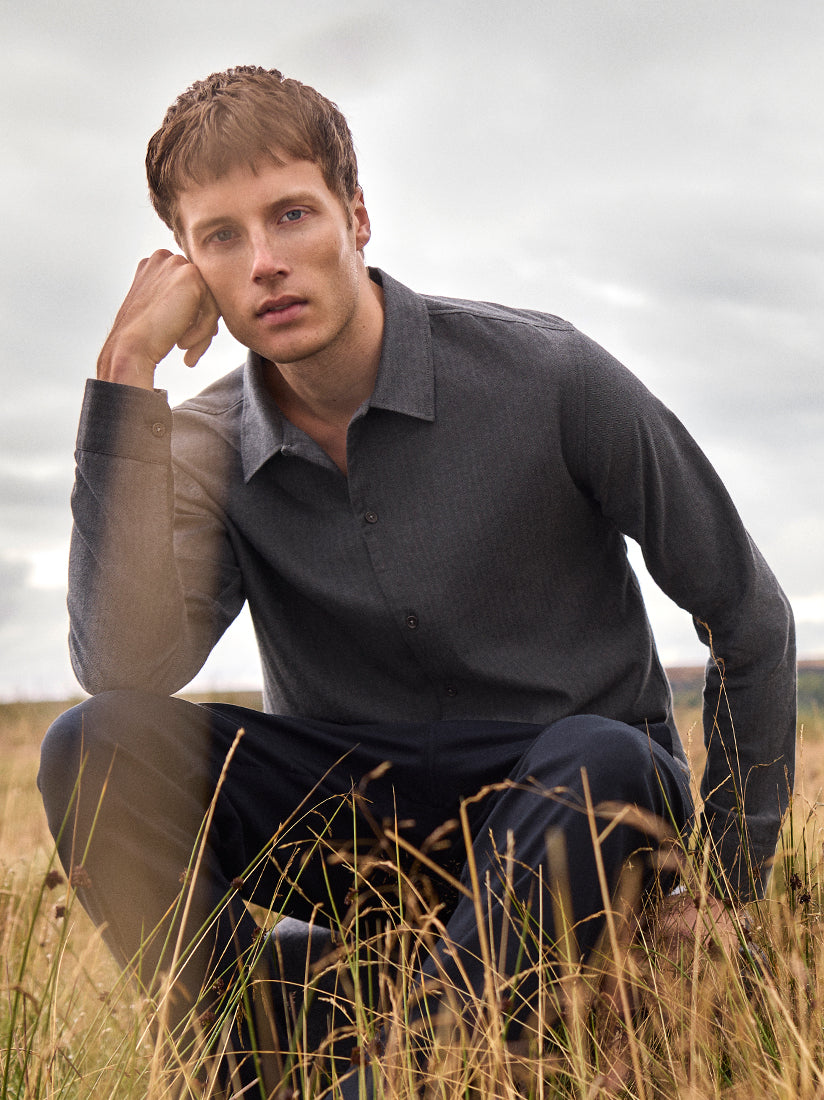 Men's Flannel Overshirt Balmoral Brushed Cotton Charcoal Gray Herringbone