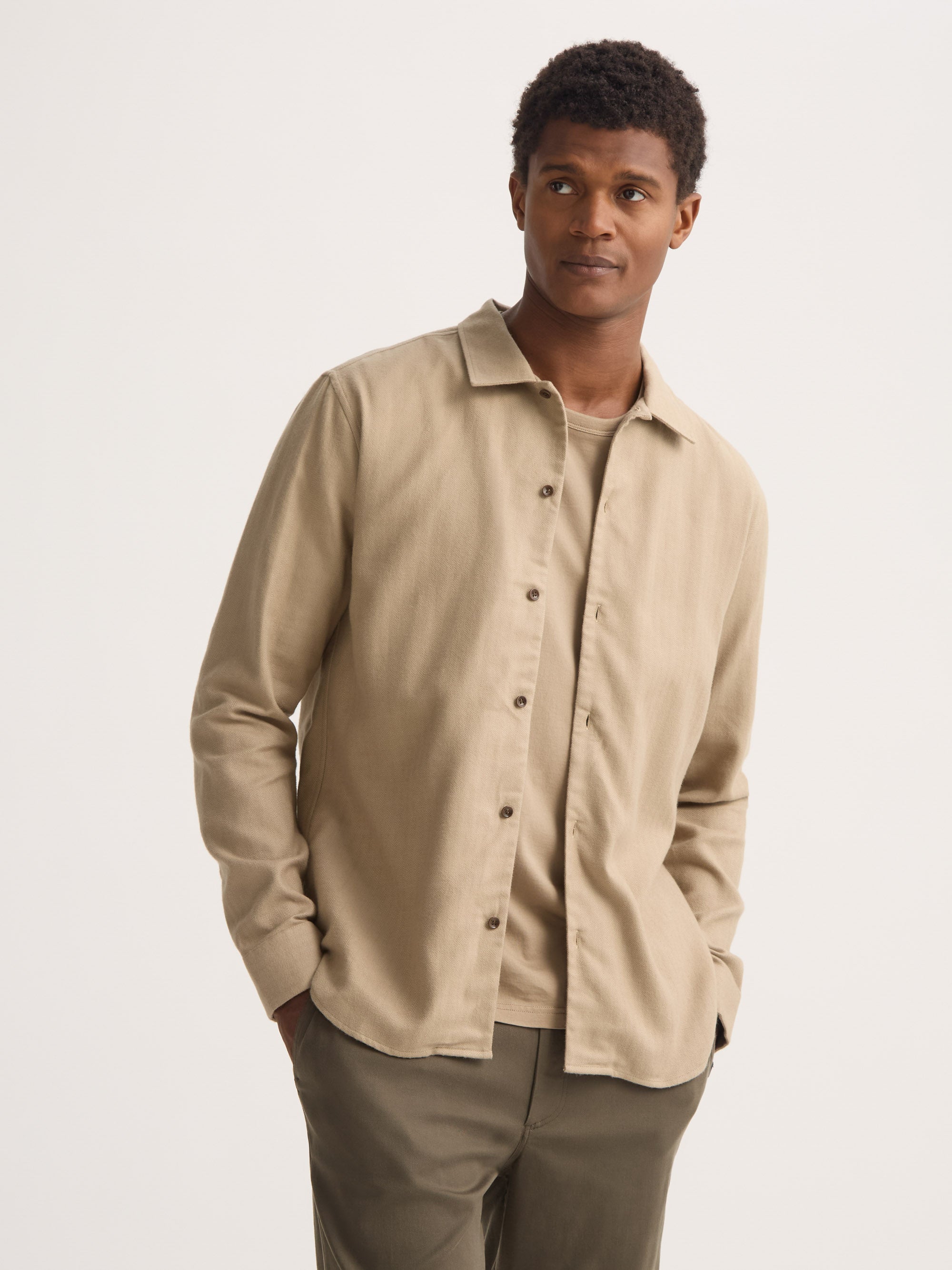 Men's Flannel Overshirt Kelburn Brushed Cotton Light Stone Herringbone