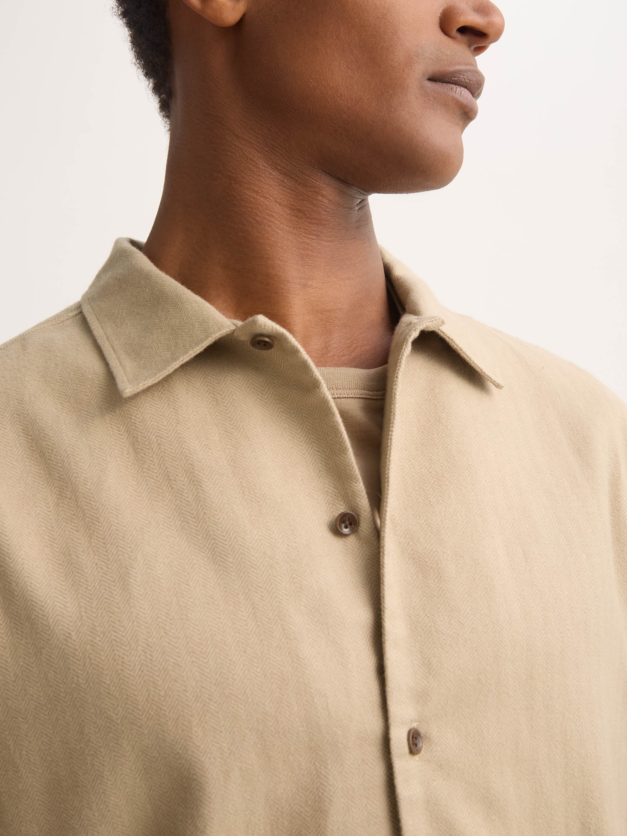 Men's Flannel Overshirt Kelburn Brushed Cotton Light Stone Herringbone