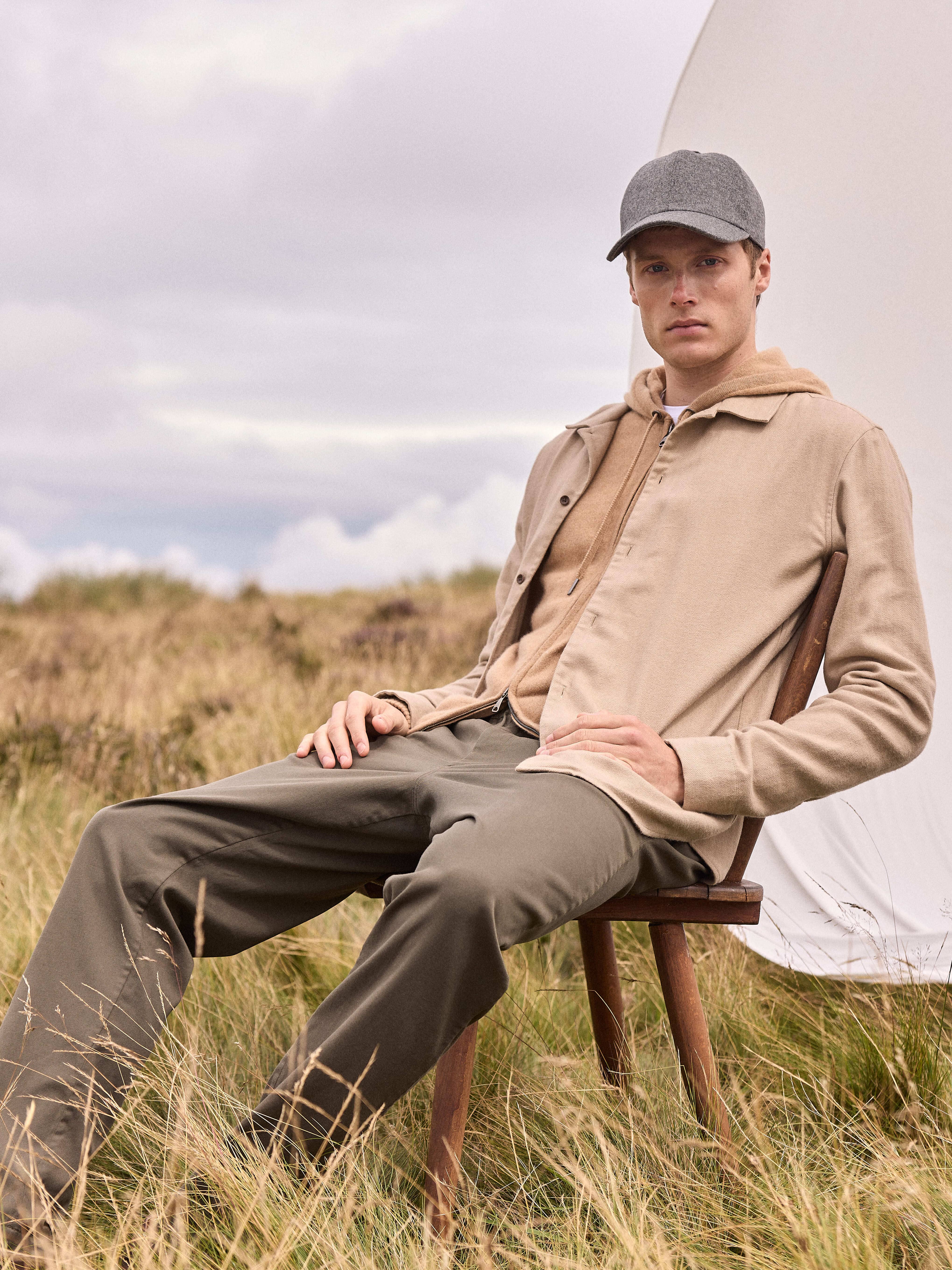 Men's Flannel Overshirt Kelburn Brushed Cotton Light Stone Herringbone